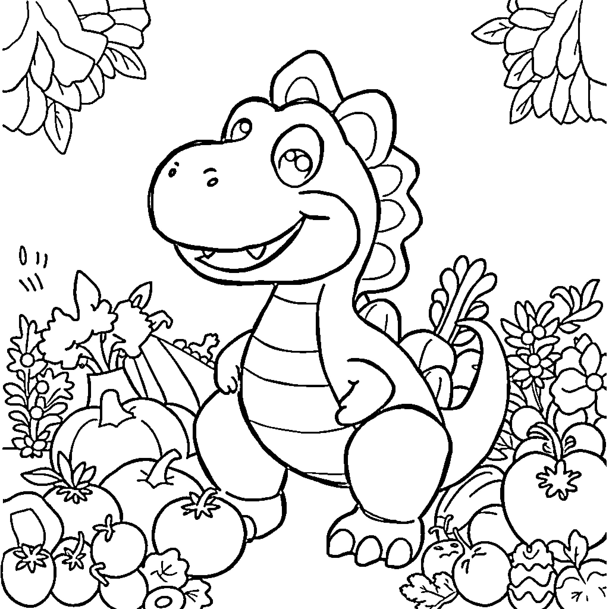 Dinosaur playing happily in a floral garden Coloring Page (free black-and-white line drawing printable PDF for all, from beginners to advanced learners, including children, teens, adults, and seniors)