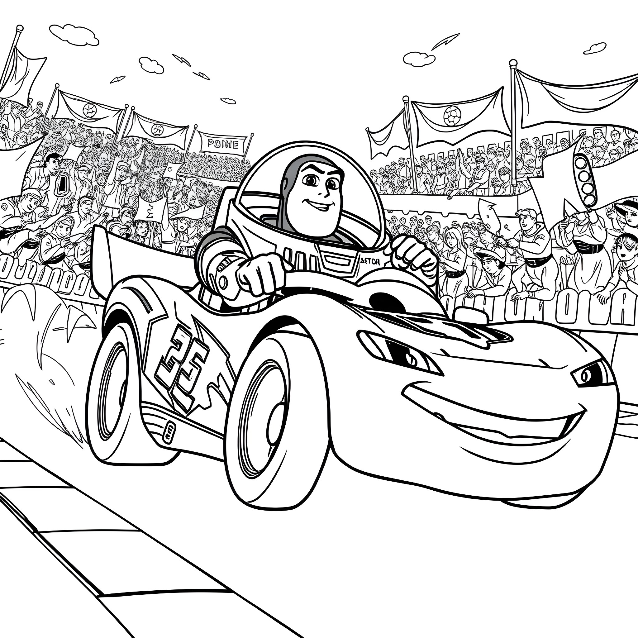 Buzz Lightyear in a racing car competing in the grand prix Coloring Page (free black-and-white line drawing printable PDF for all, from beginners to advanced learners, including children, teens, adults, and seniors)
