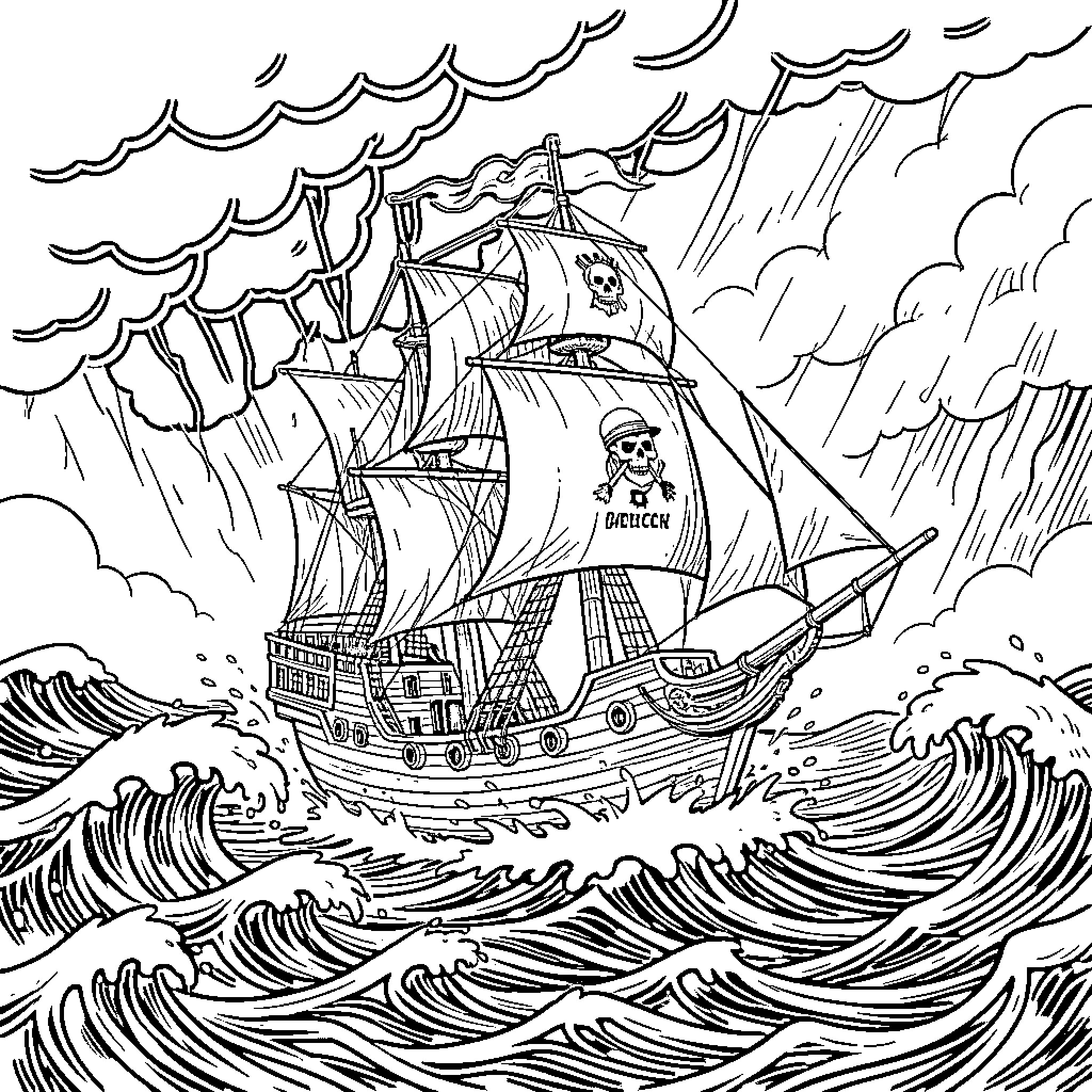 Pirate Ship Sailing Through Stormy Seas Coloring Page (free black-and-white line drawing printable PDF for all, from beginners to advanced learners, including children, teens, adults, and seniors)