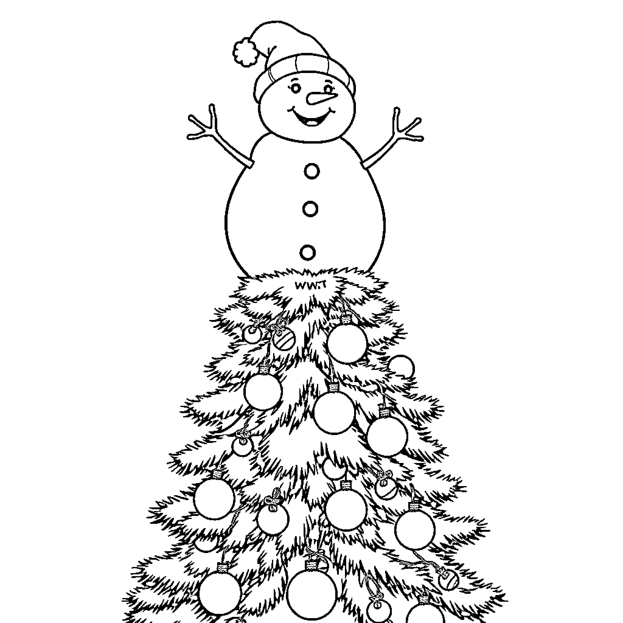 Snowman atop a festive Christmas tree Coloring Page (free black-and-white line drawing printable PDF for all, from beginners to advanced learners, including children, teens, adults, and seniors)