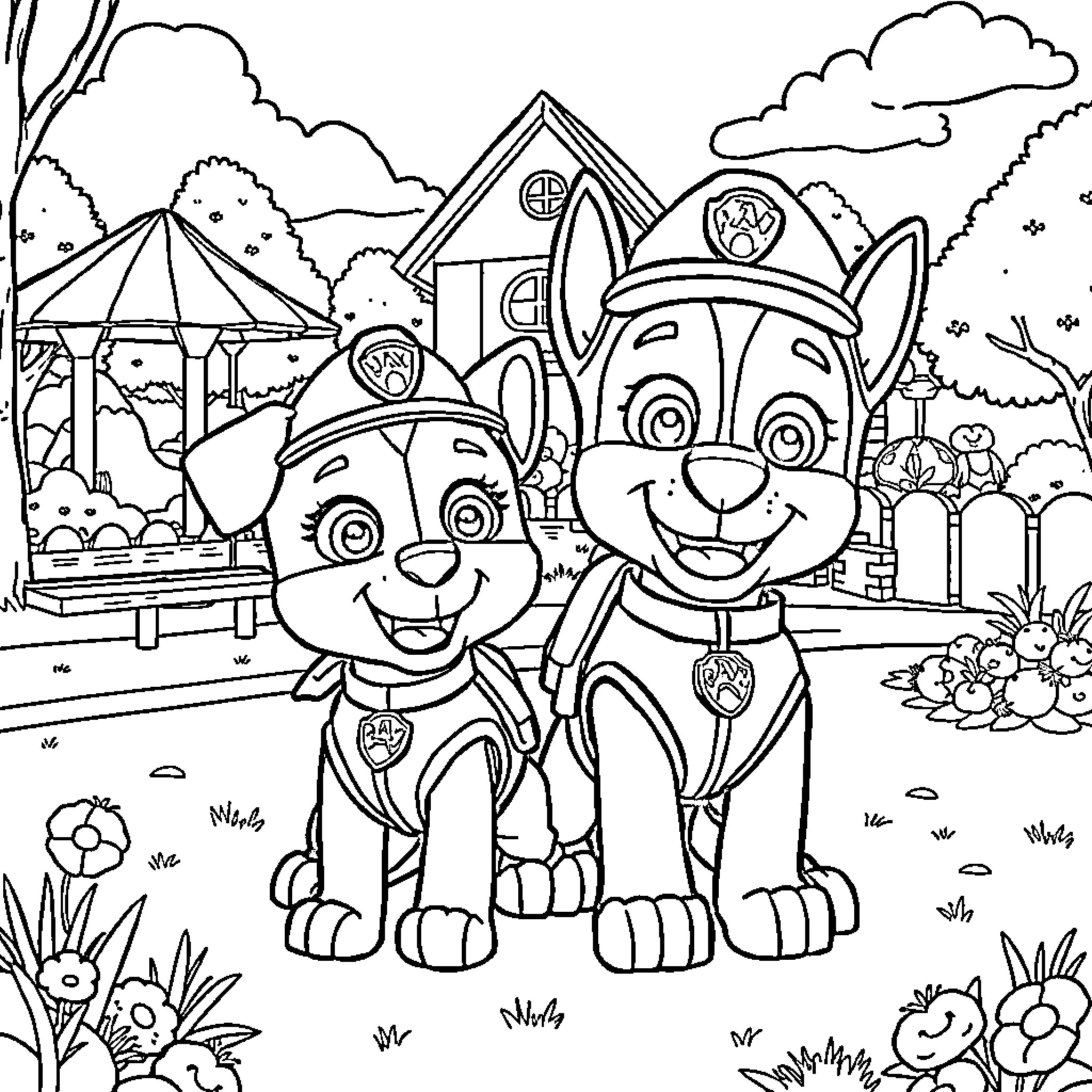 Labubu Paw Patrol in the Park Coloring Page (free black-and-white line drawing printable PDF for all, from beginners to advanced learners, including children, teens, adults, and seniors)