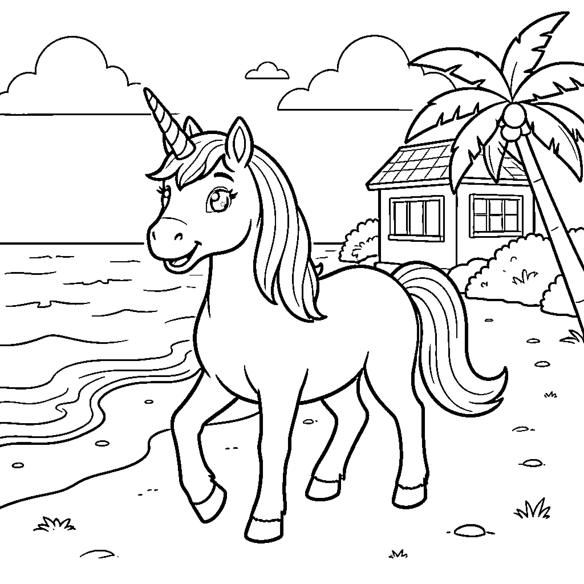 Licorne walking happily along a tropical beach Coloring Page (free black-and-white line drawing printable PDF for all, from beginners to advanced learners, including children, teens, adults, and seniors)