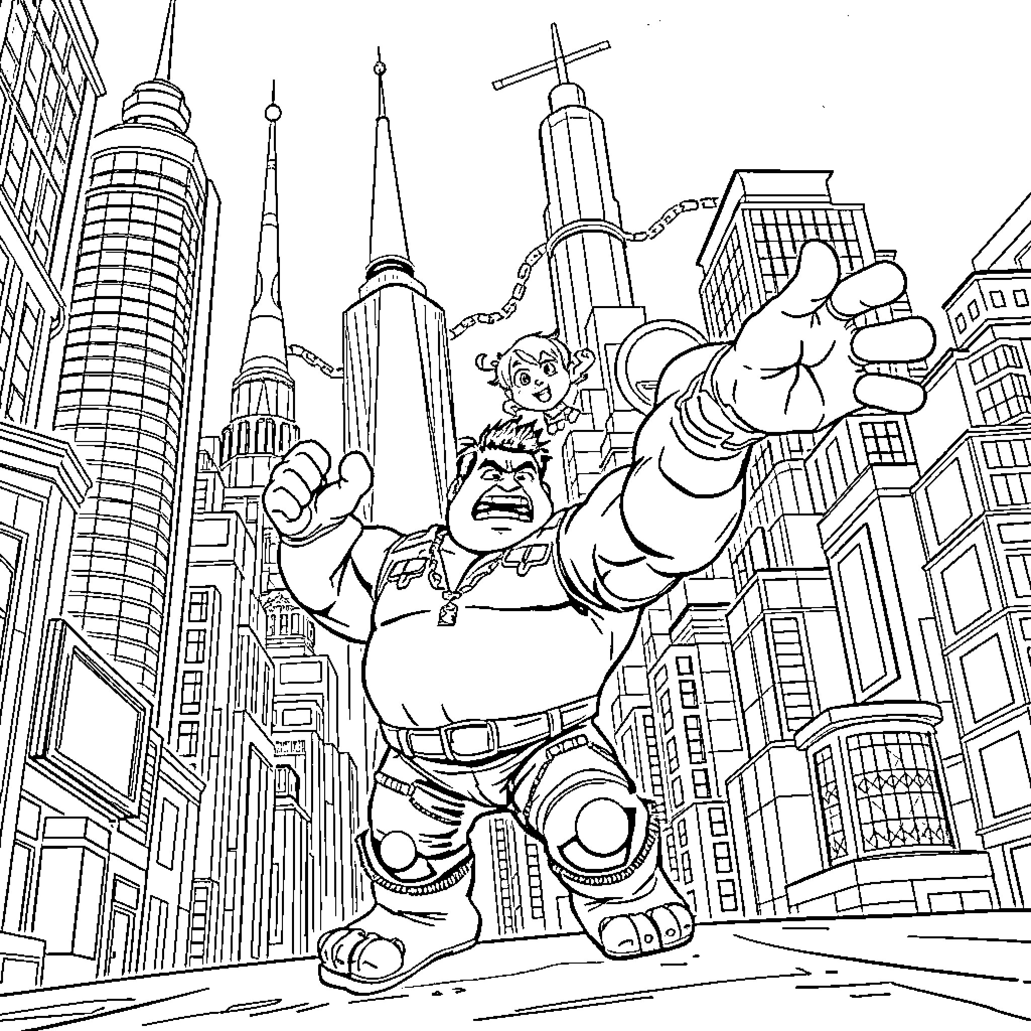 Ralph's Rampage in the City Coloring Page (free black-and-white line drawing printable PDF for all, from beginners to advanced learners, including children, teens, adults, and seniors)