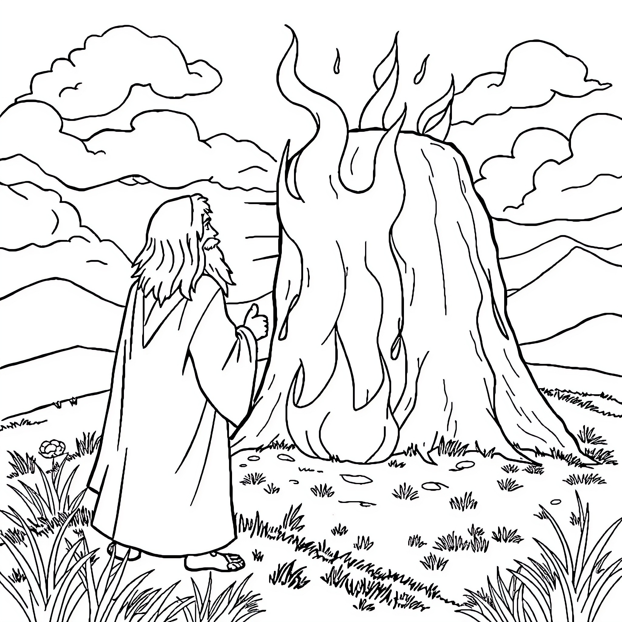 Moses Encounters the Burning Bush in the Wilderness Coloring Page (free black-and-white line drawing printable PDF for all, from beginners to advanced learners, including children, teens, adults, and seniors)