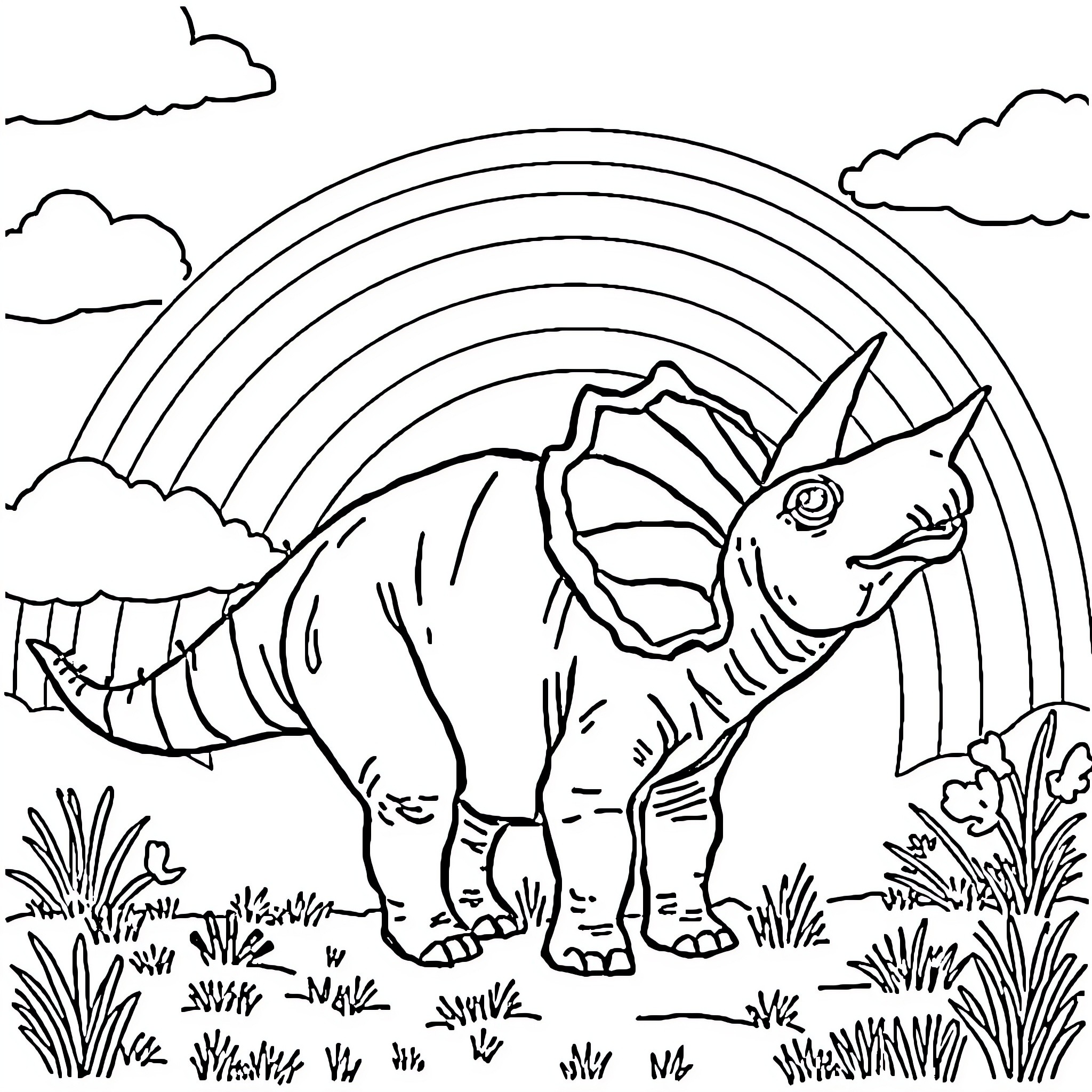 Triceratops grazing in a rainbow-filled landscape Coloring Page (free black-and-white line drawing printable PDF for all, from beginners to advanced learners, including children, teens, adults, and seniors)