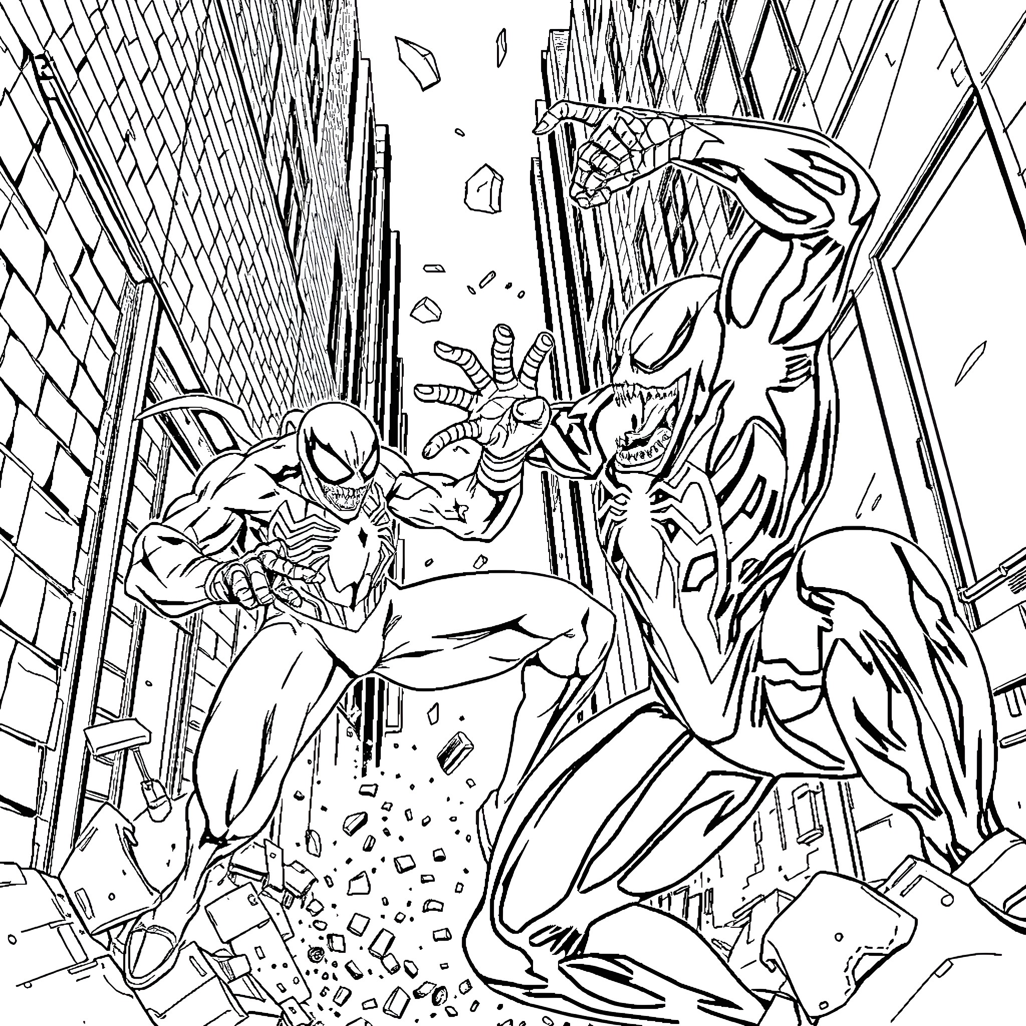 Venom's Clash with the Symbiote Foe Coloring Page (free black-and-white line drawing printable PDF for all, from beginners to advanced learners, including children, teens, adults, and seniors)