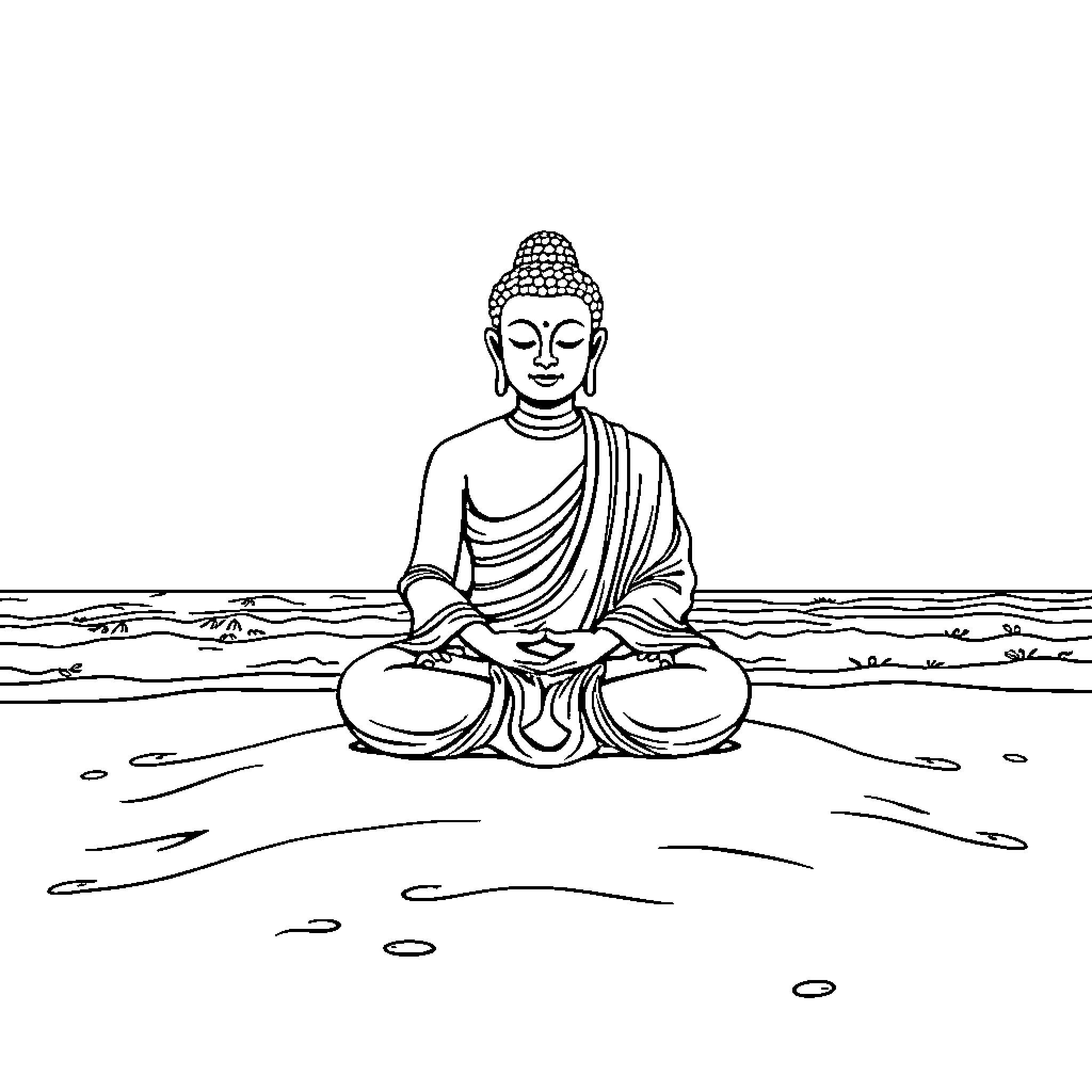 Buddha in serene meditation by the water Coloring Page (free black-and-white line drawing printable PDF for all, from beginners to advanced learners, including children, teens, adults, and seniors)