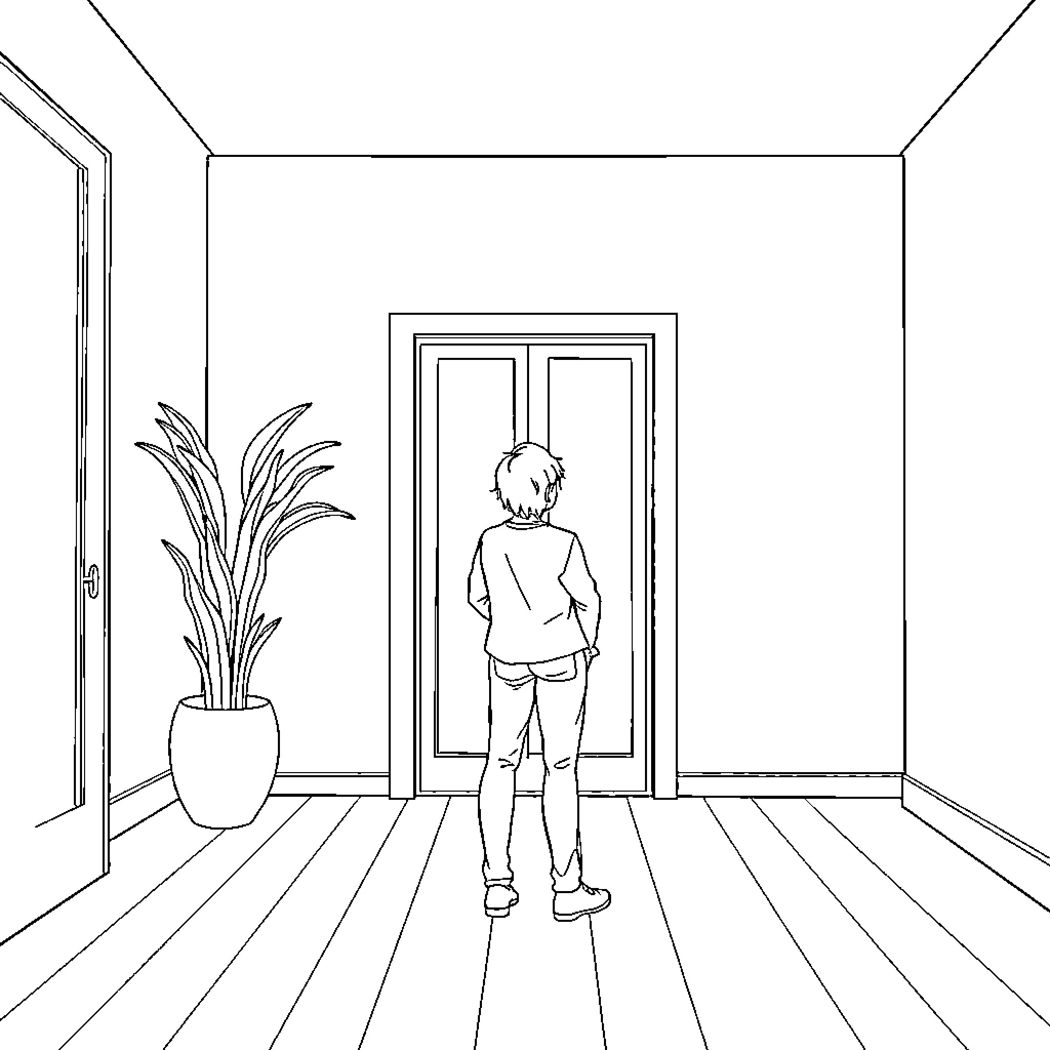 I wait patiently in a room with a plant Coloring Page (free black-and-white line drawing printable PDF for all, from beginners to advanced learners, including children, teens, adults, and seniors)