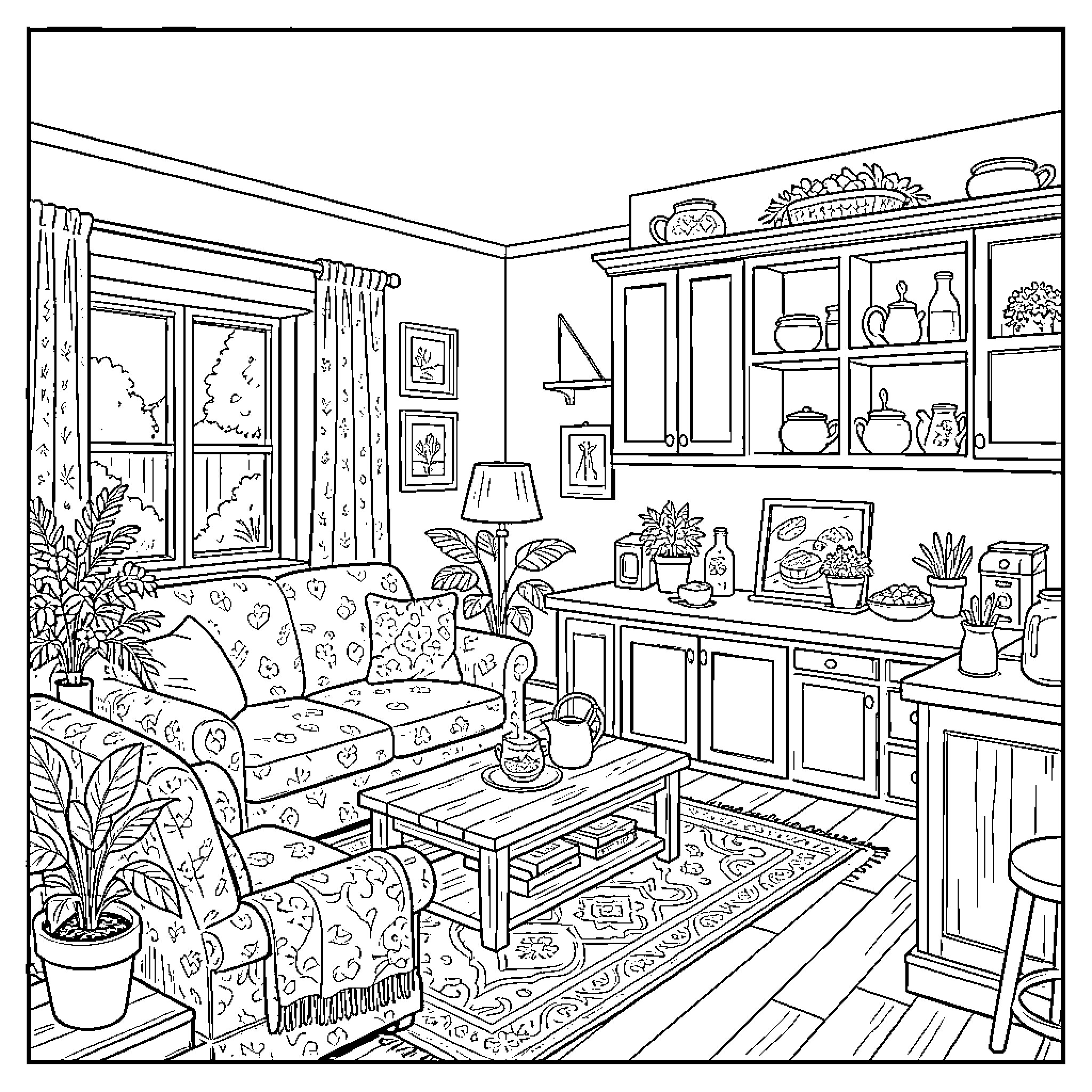 Home Interior with Cozy Furnishings and Decor Coloring Page (free black-and-white line drawing printable PDF for all, from beginners to advanced learners, including children, teens, adults, and seniors)