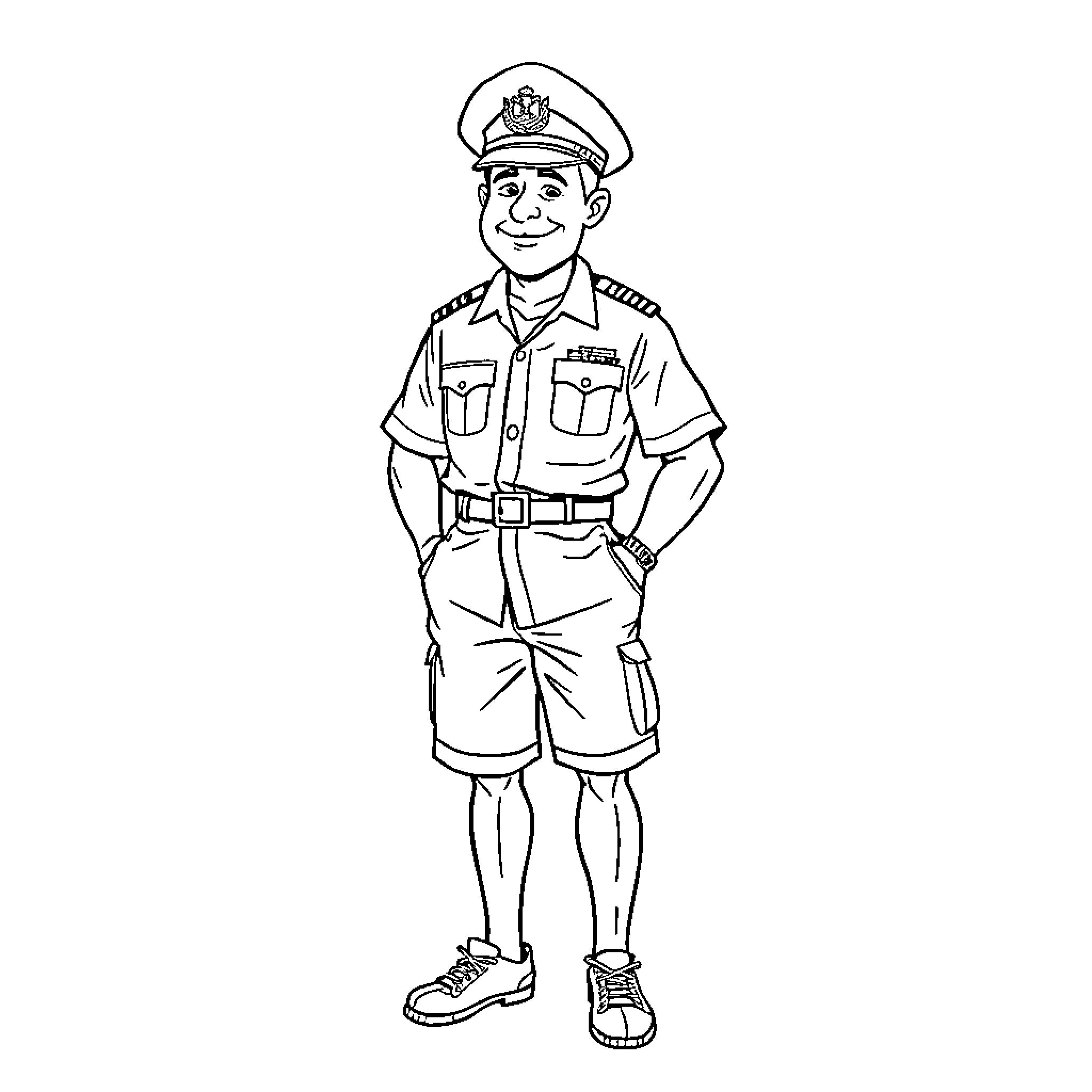 Navy Chief in Uniform Posing Proudly Coloring Page (free black-and-white line drawing printable PDF for all, from beginners to advanced learners, including children, teens, adults, and seniors)