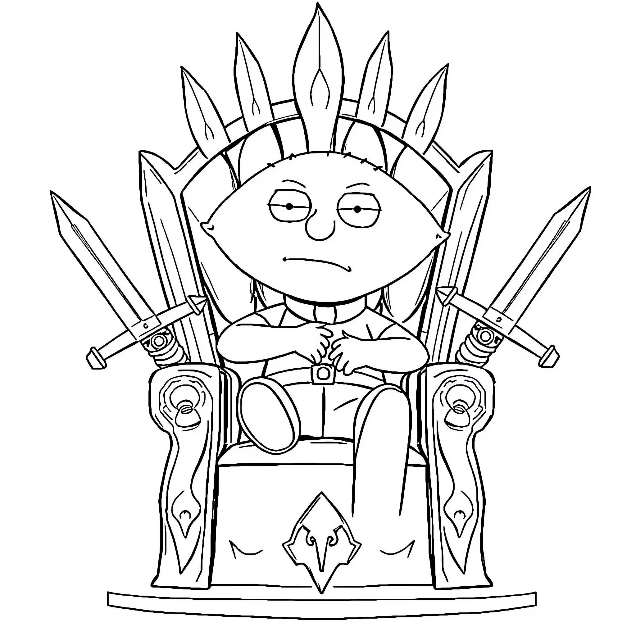 Stewie sitting on a throne with swords Coloring Page (free black-and-white line drawing printable PDF for all, from beginners to advanced learners, including children, teens, adults, and seniors)
