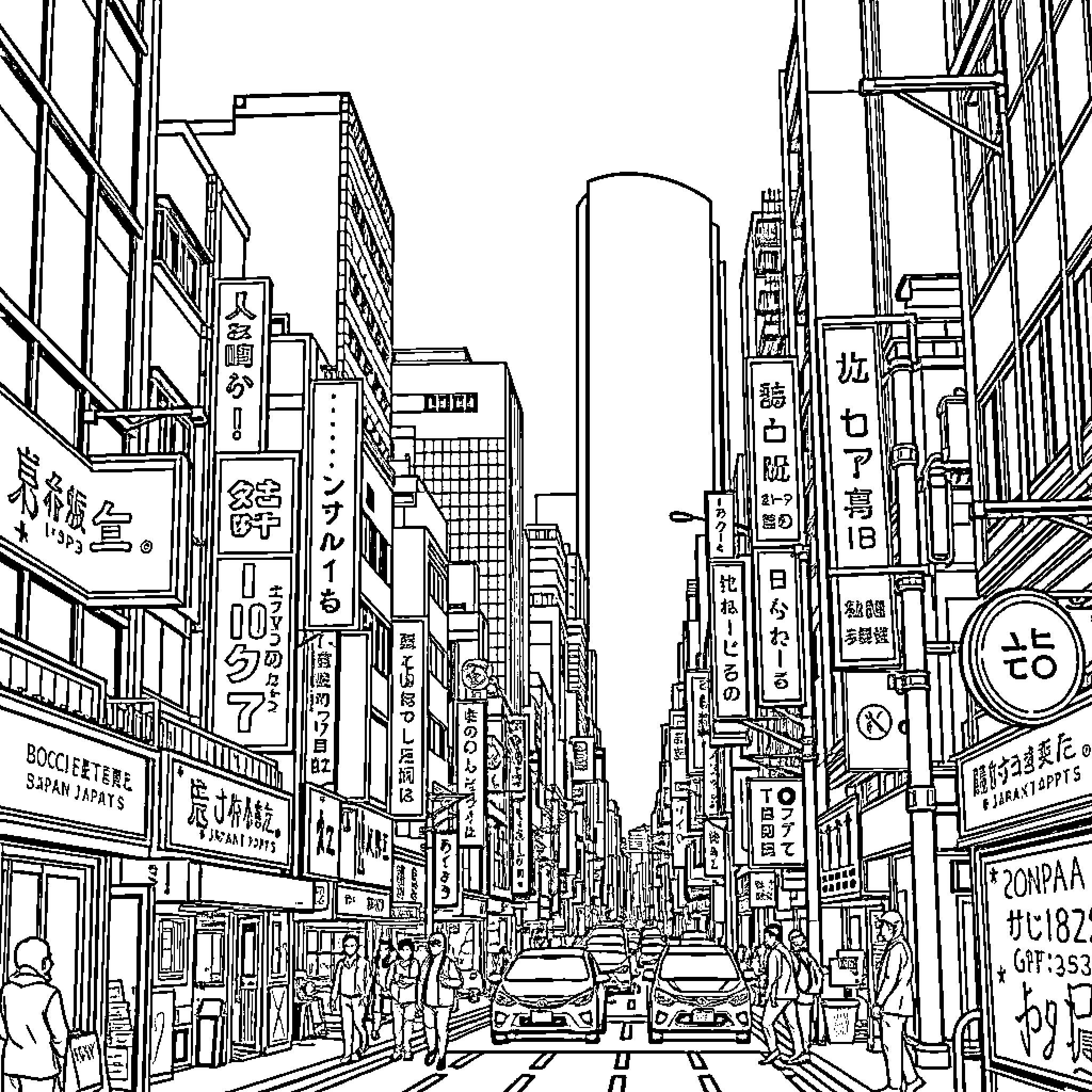 Japan cityscape with bustling streets and buildings Coloring Page (free black-and-white line drawing printable PDF for all, from beginners to advanced learners, including children, teens, adults, and seniors)