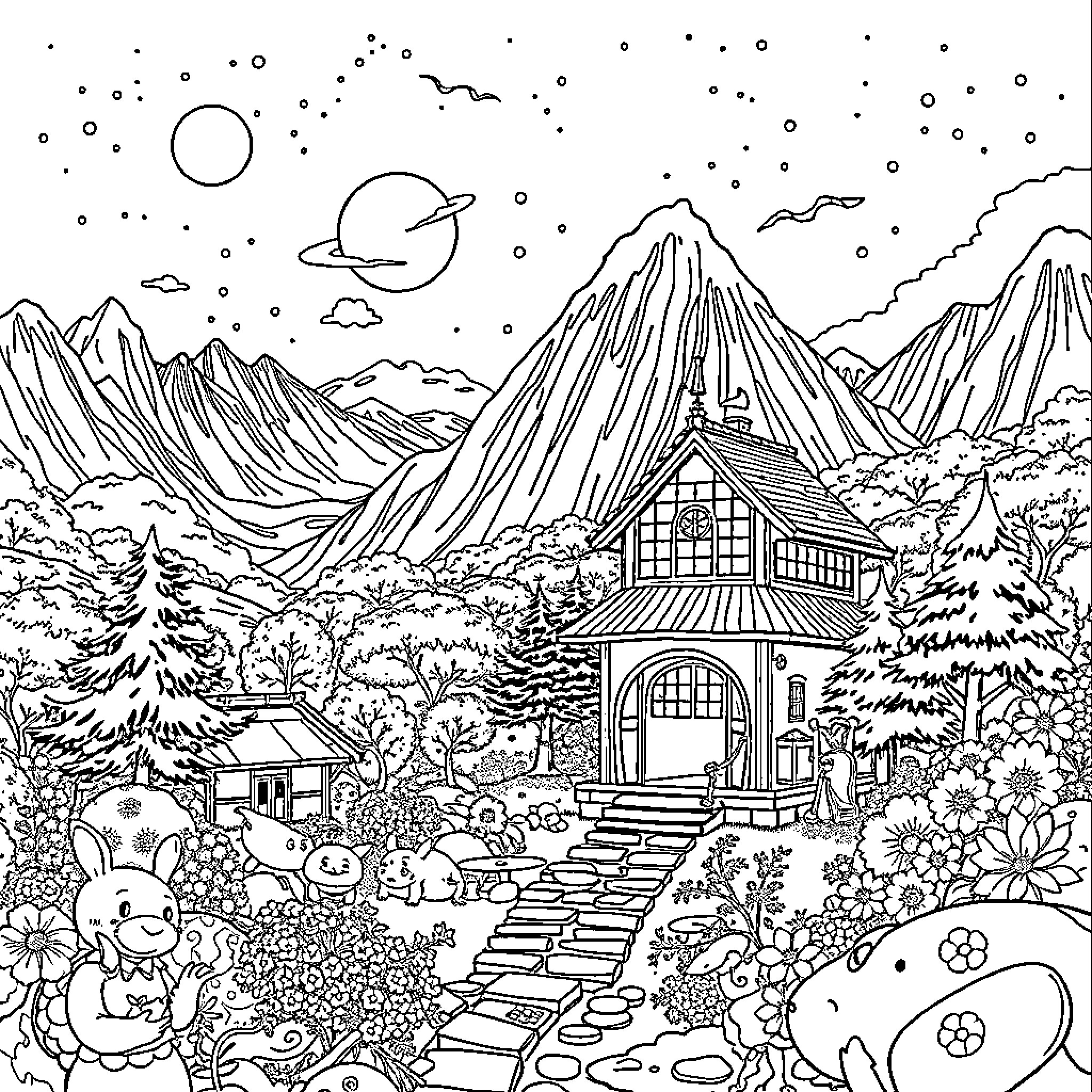Studio Ghibli-inspired fantasy landscape with quaint cottage Coloring Page (free black-and-white line drawing printable PDF for all, from beginners to advanced learners, including children, teens, adults, and seniors)