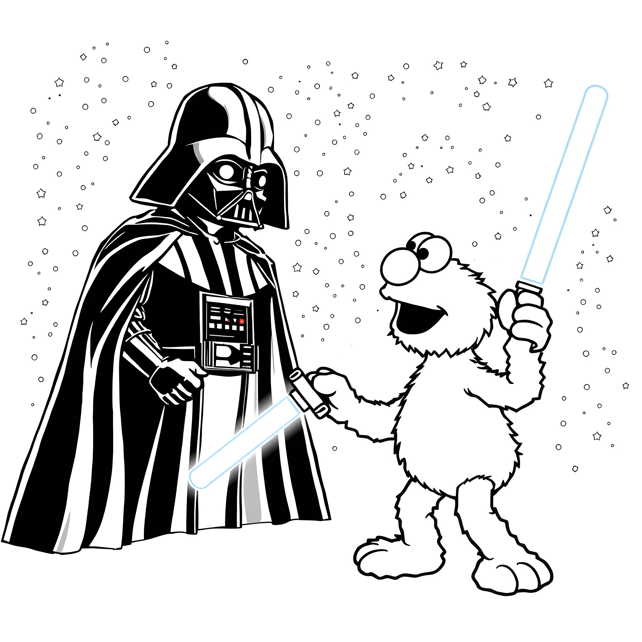 Elmo and Darth Vader in snowy scene Coloring Page (free black-and-white line drawing printable PDF for all, from beginners to advanced learners, including children, teens, adults, and seniors)