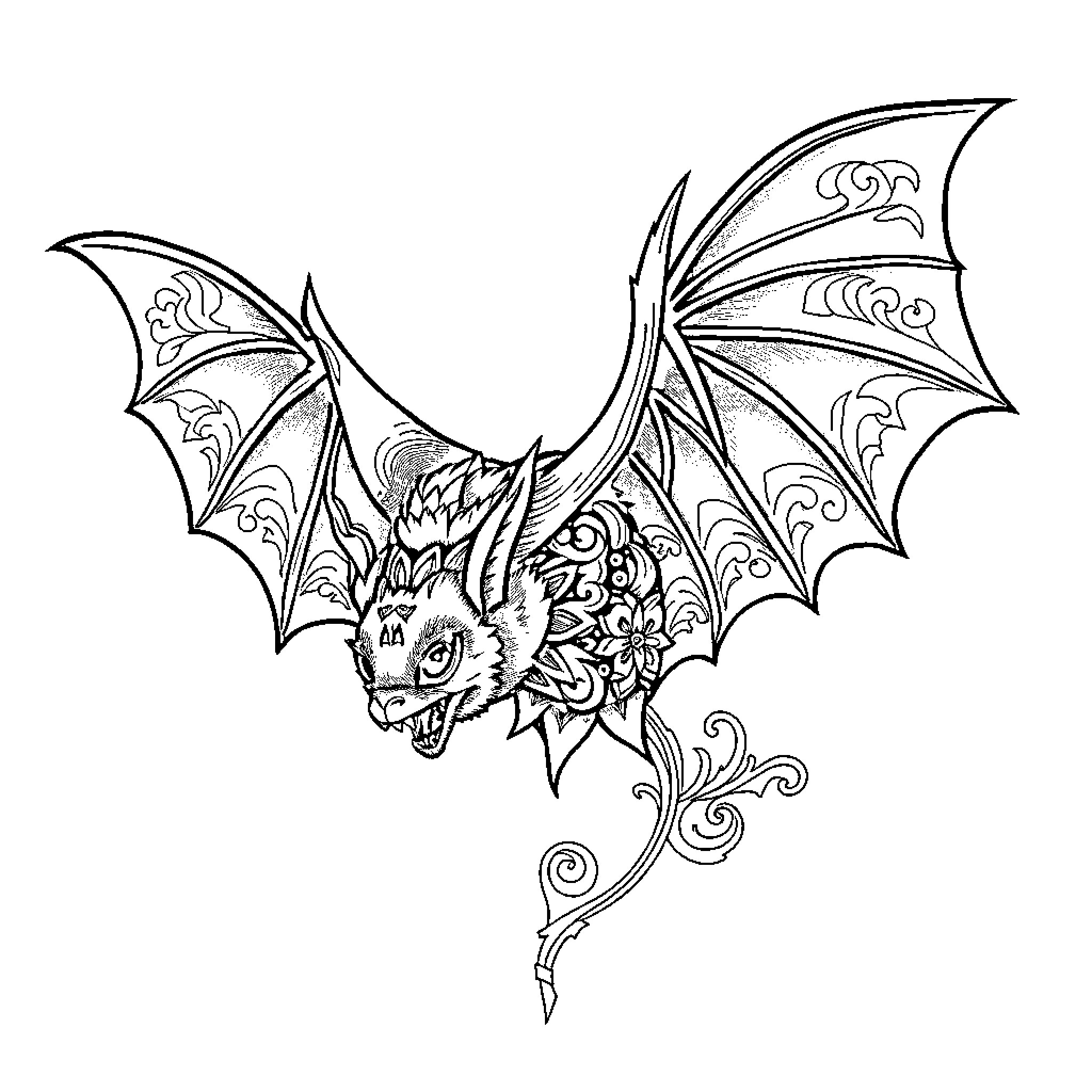 Bat with ornamental wings and detailed design Coloring Page (free black-and-white line drawing printable PDF for all, from beginners to advanced learners, including children, teens, adults, and seniors)