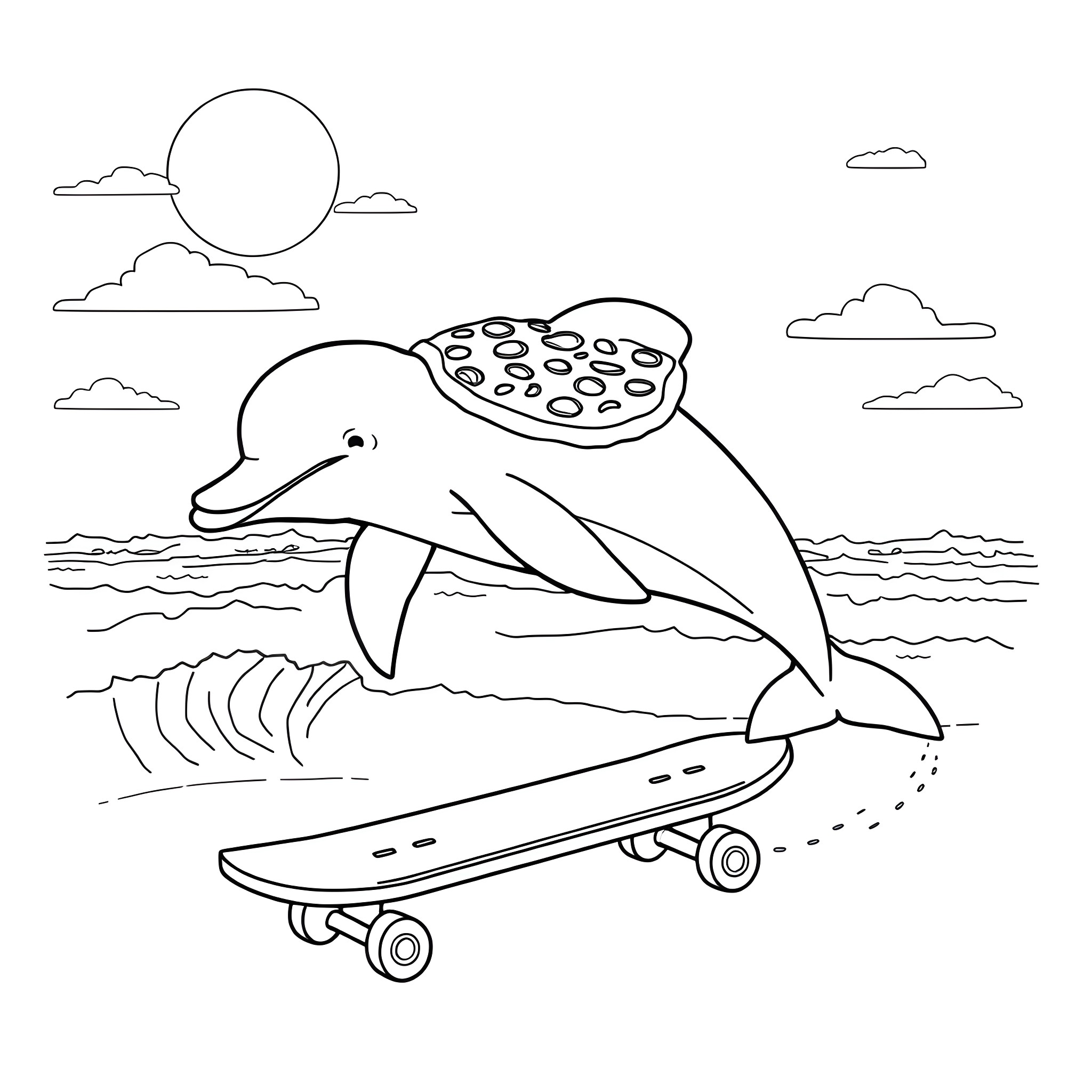 Dolphin Surfing on a Skateboard Coloring Page (free black-and-white line drawing printable PDF for all, from beginners to advanced learners, including children, teens, adults, and seniors)