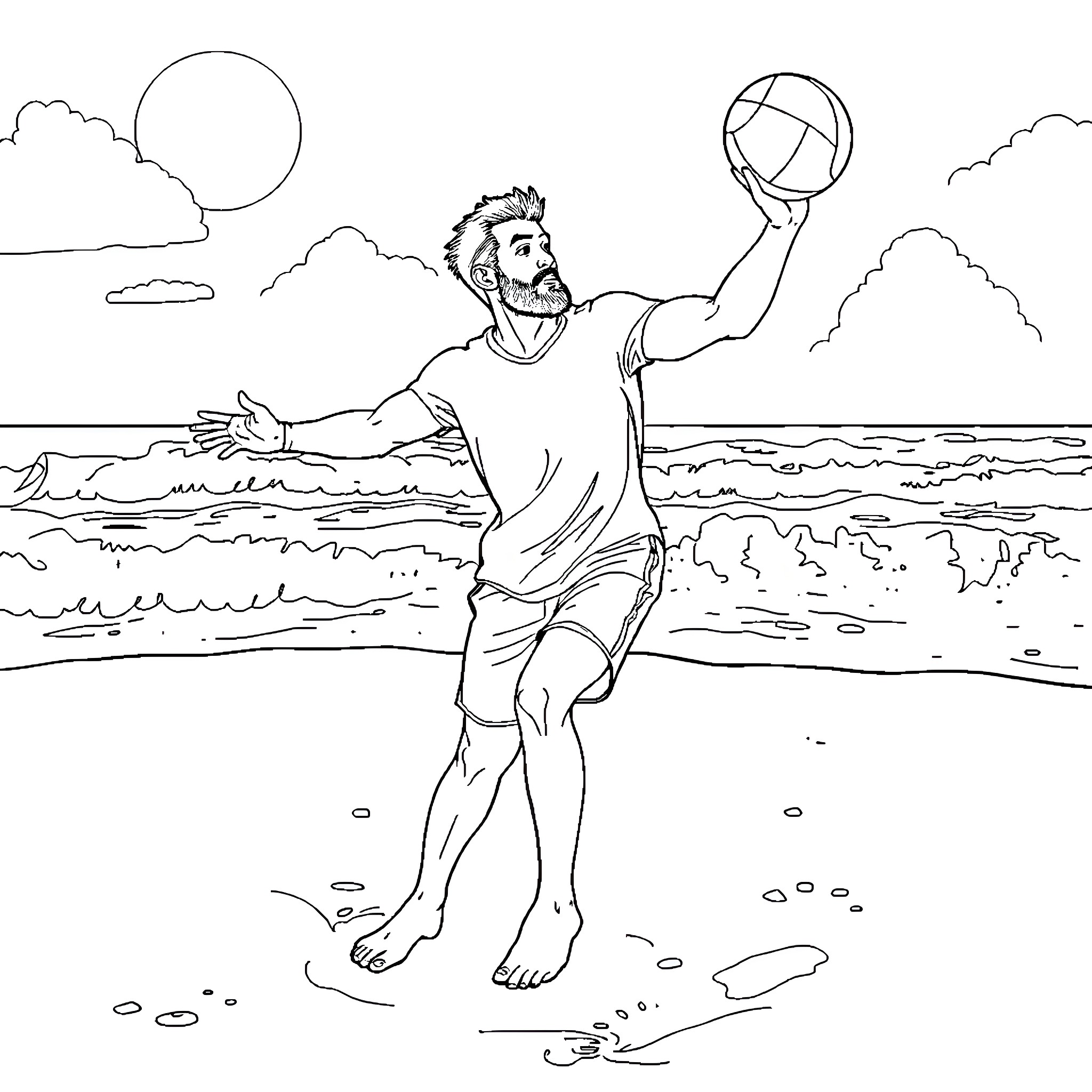 Zach Bryan enjoying summer fun at the beach Coloring Page (free black-and-white line drawing printable PDF for all, from beginners to advanced learners, including children, teens, adults, and seniors)