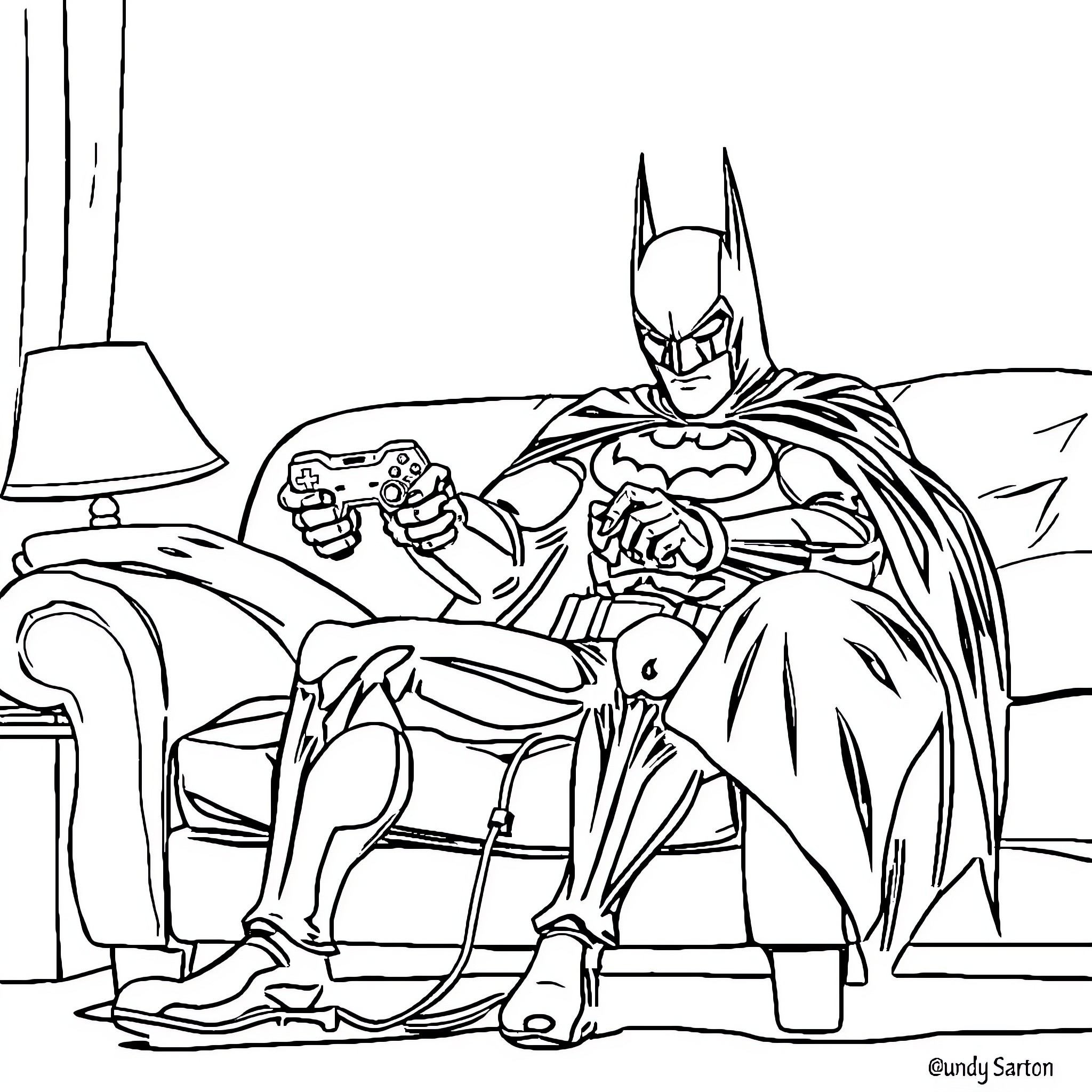 Batman Relaxing and Playing Video Games Coloring Page (free black-and-white line drawing printable PDF for all, from beginners to advanced learners, including children, teens, adults, and seniors)