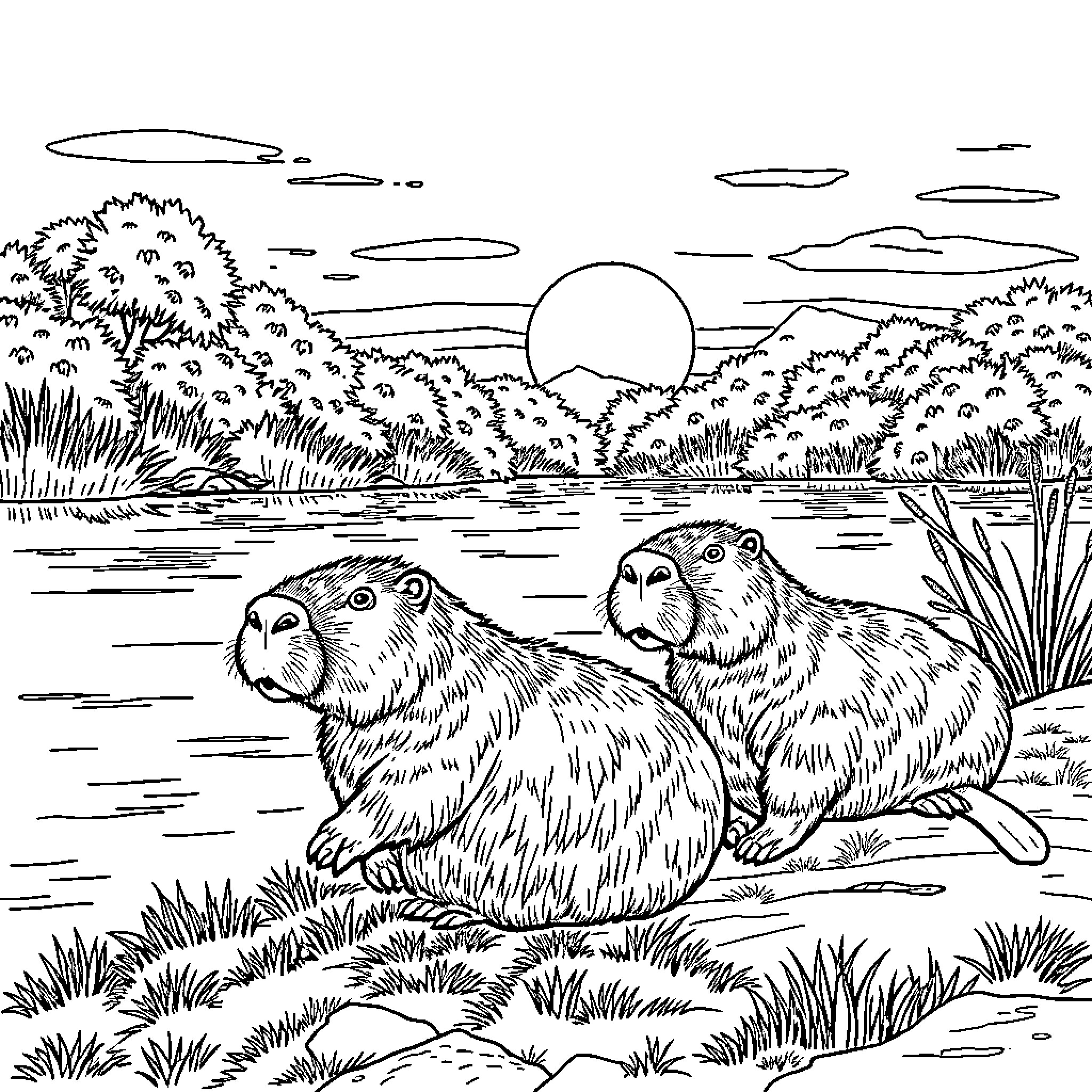 Capybara relaxing by the peaceful lake Coloring Page (free black-and-white line drawing printable PDF for all, from beginners to advanced learners, including children, teens, adults, and seniors)