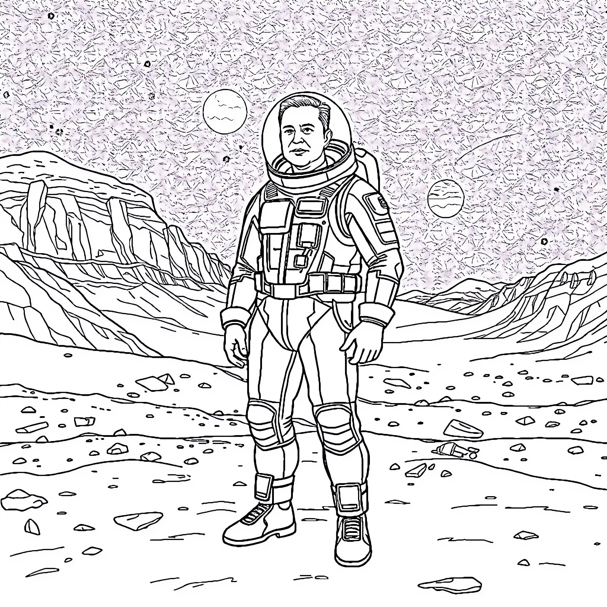 Elon Musk exploring the lunar landscape Coloring Page (free black-and-white line drawing printable PDF for all, from beginners to advanced learners, including children, teens, adults, and seniors)