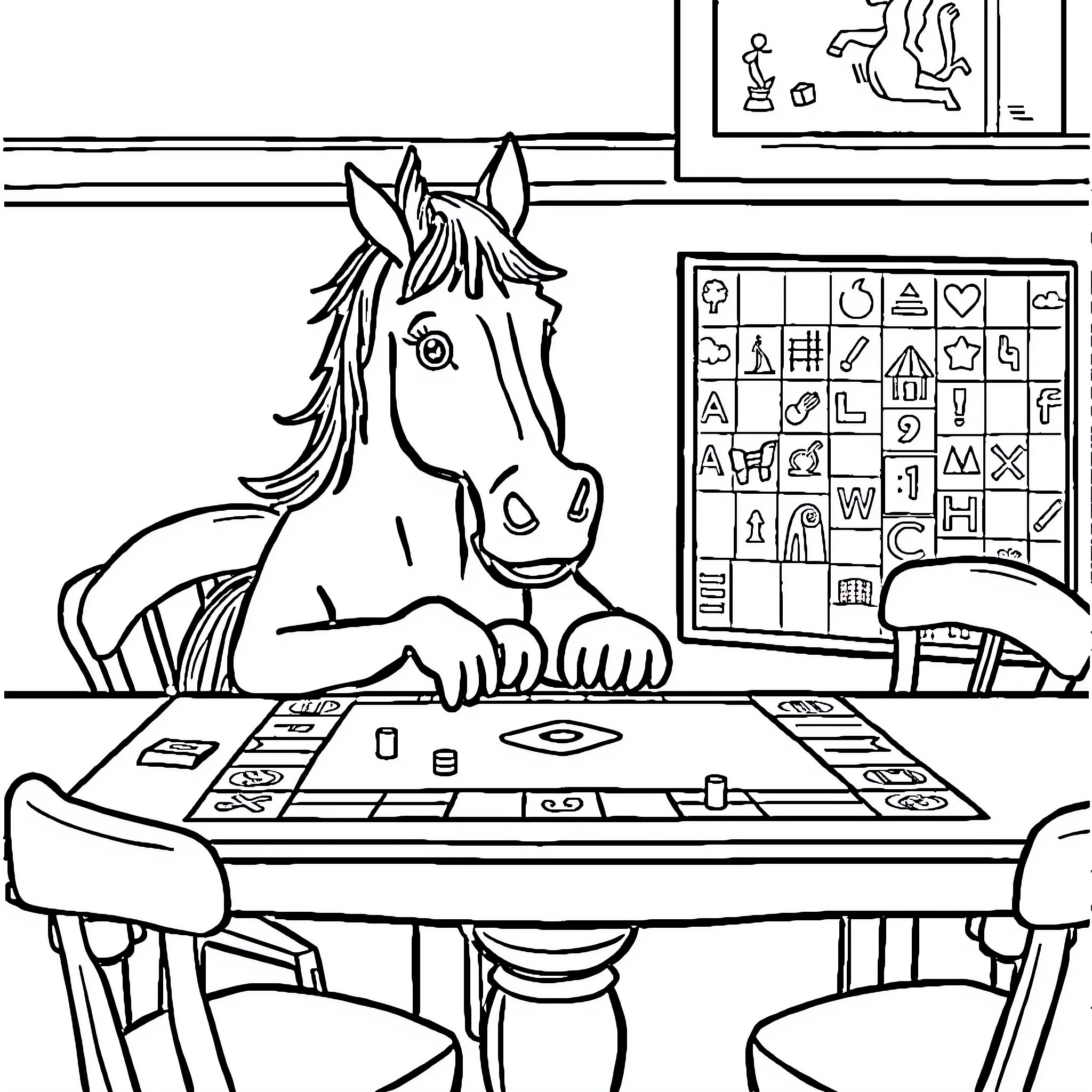 Horse Drawing Lesson in the Classroom Coloring Page (free black-and-white line drawing printable PDF for all, from beginners to advanced learners, including children, teens, adults, and seniors)