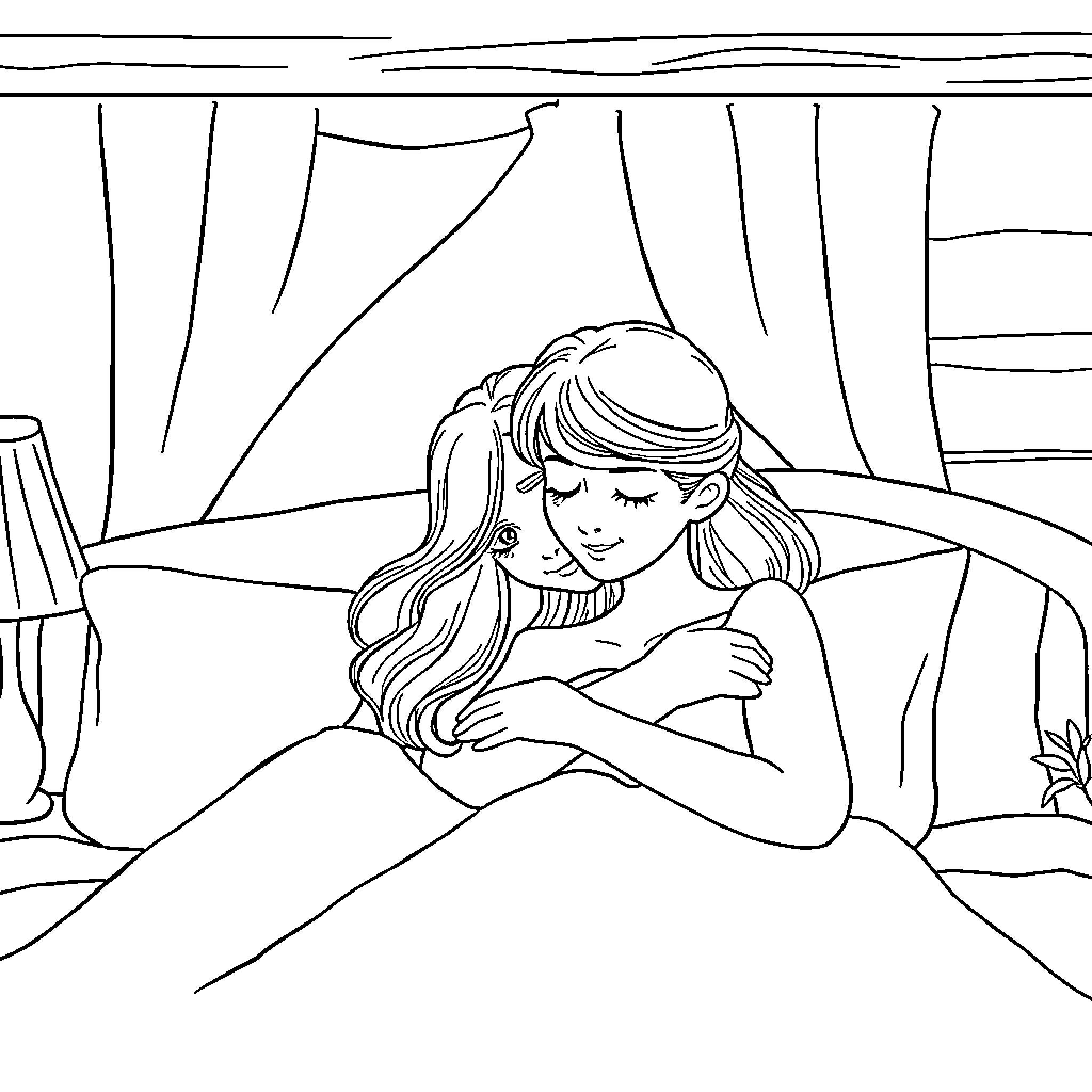 Parent comforting child at bedtime Coloring Page (free black-and-white line drawing printable PDF for all, from beginners to advanced learners, including children, teens, adults, and seniors)