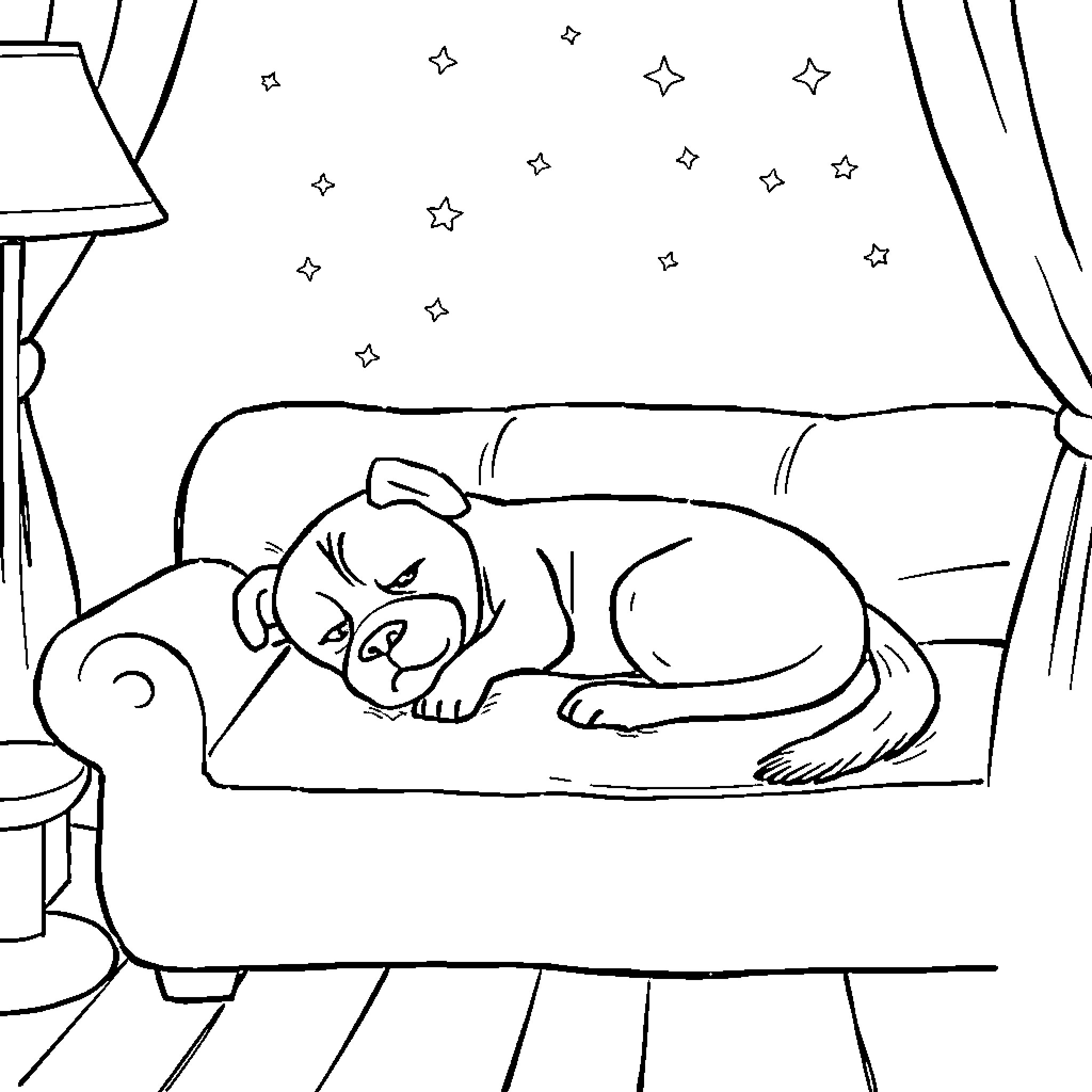 French Bulldog sleeping peacefully on the couch Coloring Page (free black-and-white line drawing printable PDF for all, from beginners to advanced learners, including children, teens, adults, and seniors)
