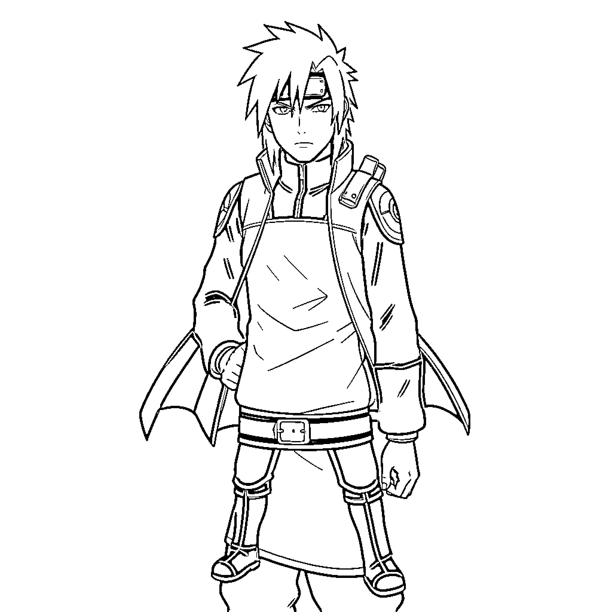 Itachi Uchiha standing with a serious facial expression Coloring Page (free black-and-white line drawing printable PDF for all, from beginners to advanced learners, including children, teens, adults, and seniors)