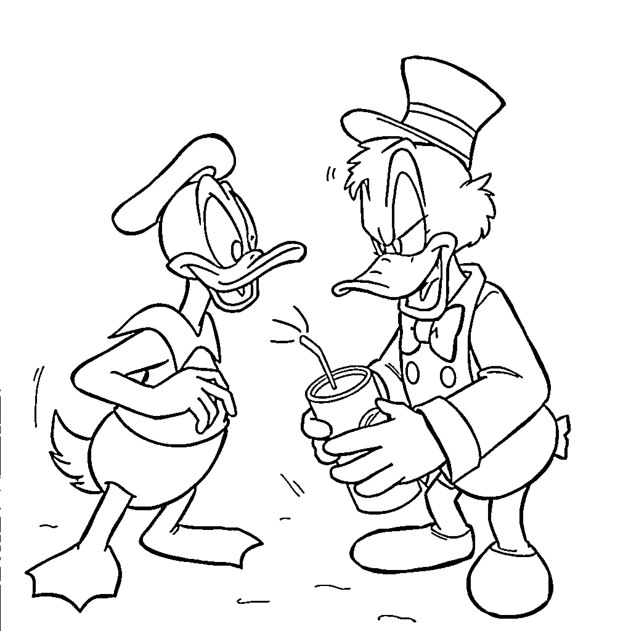 Donald Duck and Friend Enjoying a Picnic Coloring Page (free black-and-white line drawing printable PDF for all, from beginners to advanced learners, including children, teens, adults, and seniors)