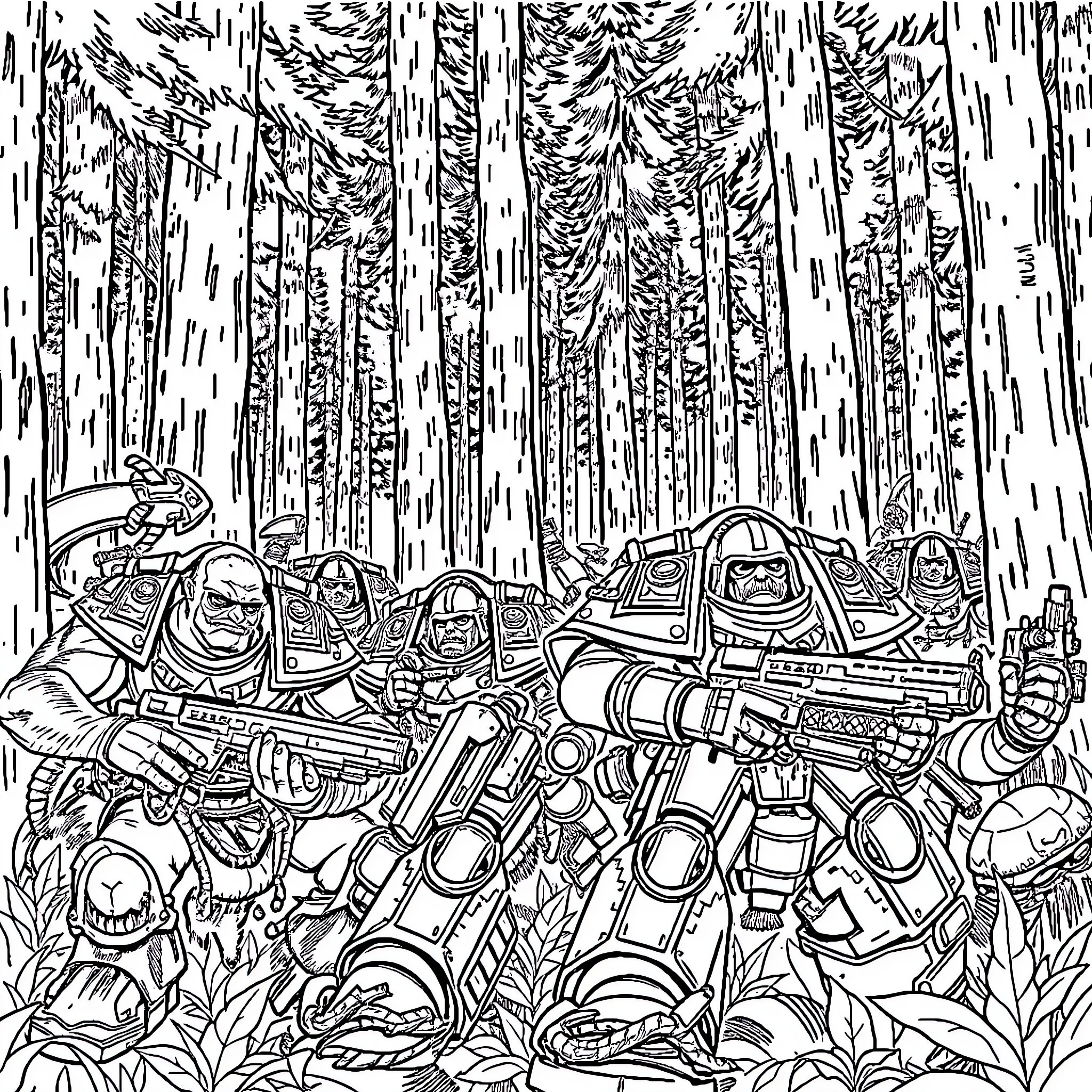 Warhammer Soldiers in Armored Battle Formation Coloring Page (free black-and-white line drawing printable PDF for all, from beginners to advanced learners, including children, teens, adults, and seniors)