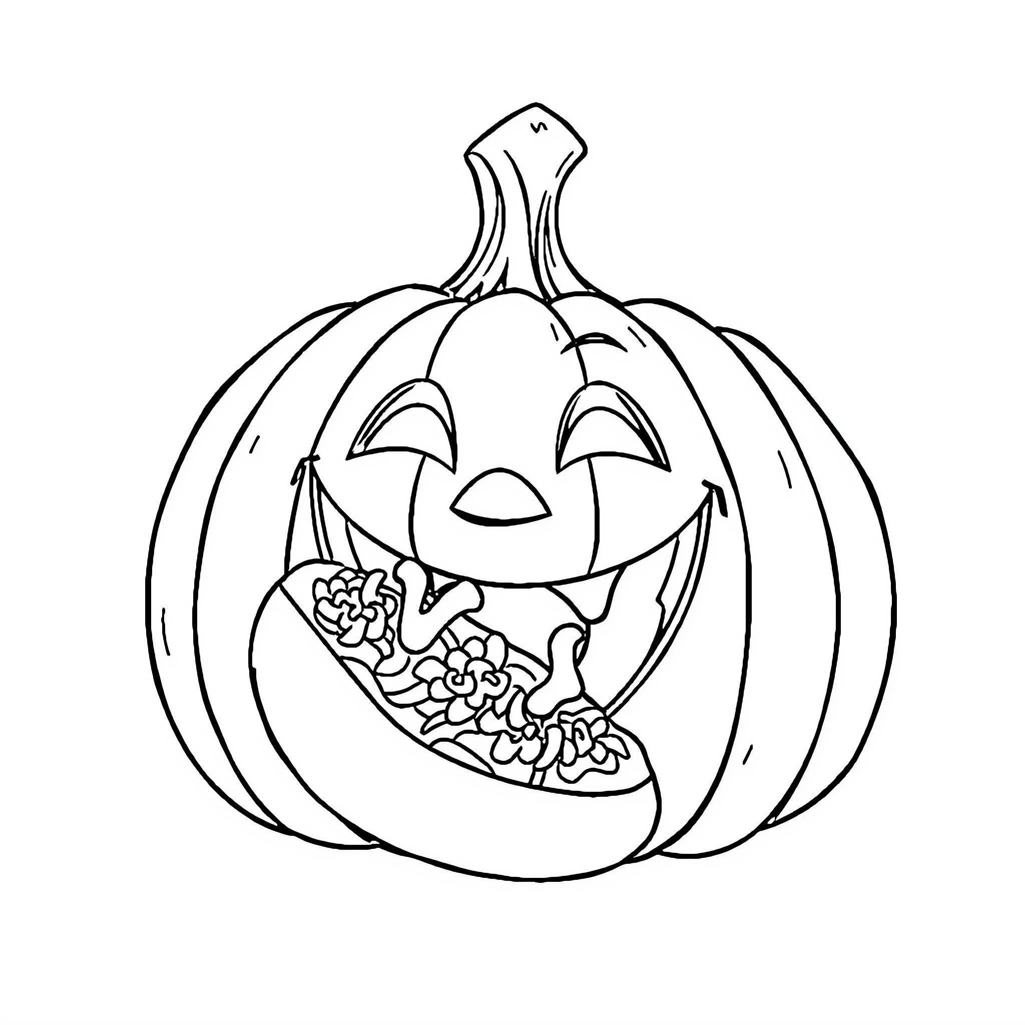 Pumpkin with carved smiling face Coloring Page (free black-and-white line drawing printable PDF for all, from beginners to advanced learners, including children, teens, adults, and seniors)