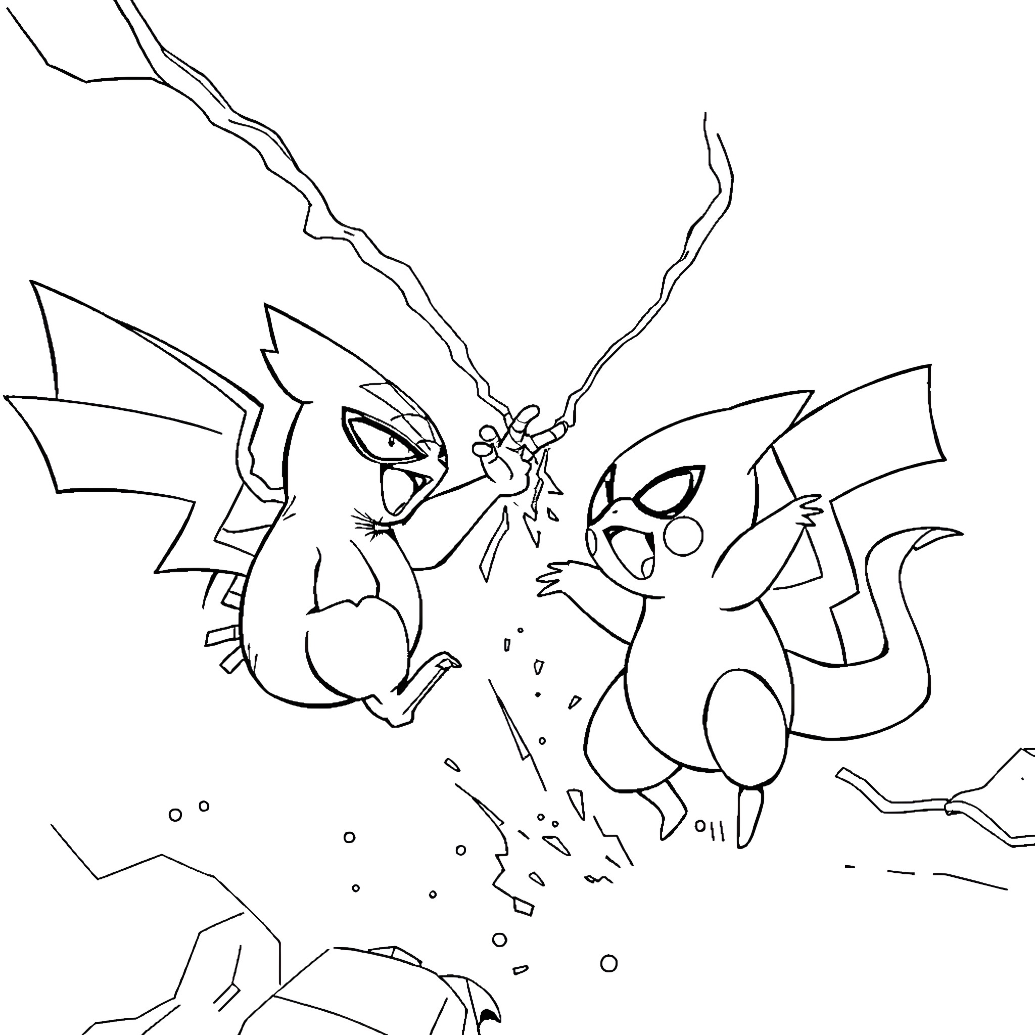 Pokémon characters in a fierce battle Coloring Page (free black-and-white line drawing printable PDF for all, from beginners to advanced learners, including children, teens, adults, and seniors)