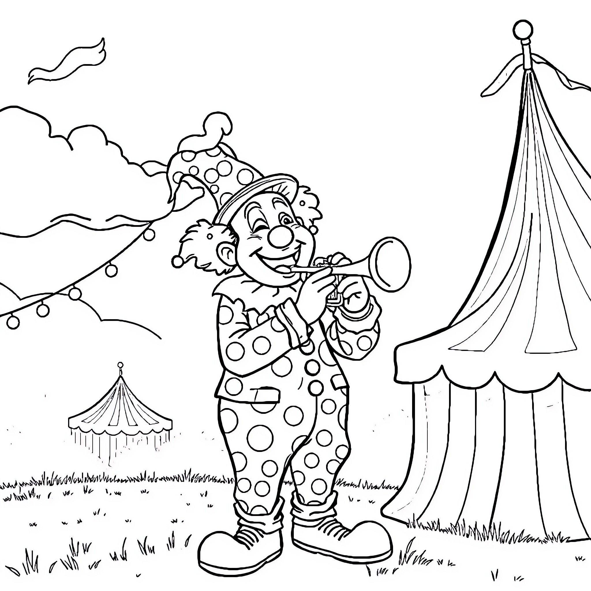 Clown performing tricks at the circus Coloring Page (free black-and-white line drawing printable PDF for all, from beginners to advanced learners, including children, teens, adults, and seniors)