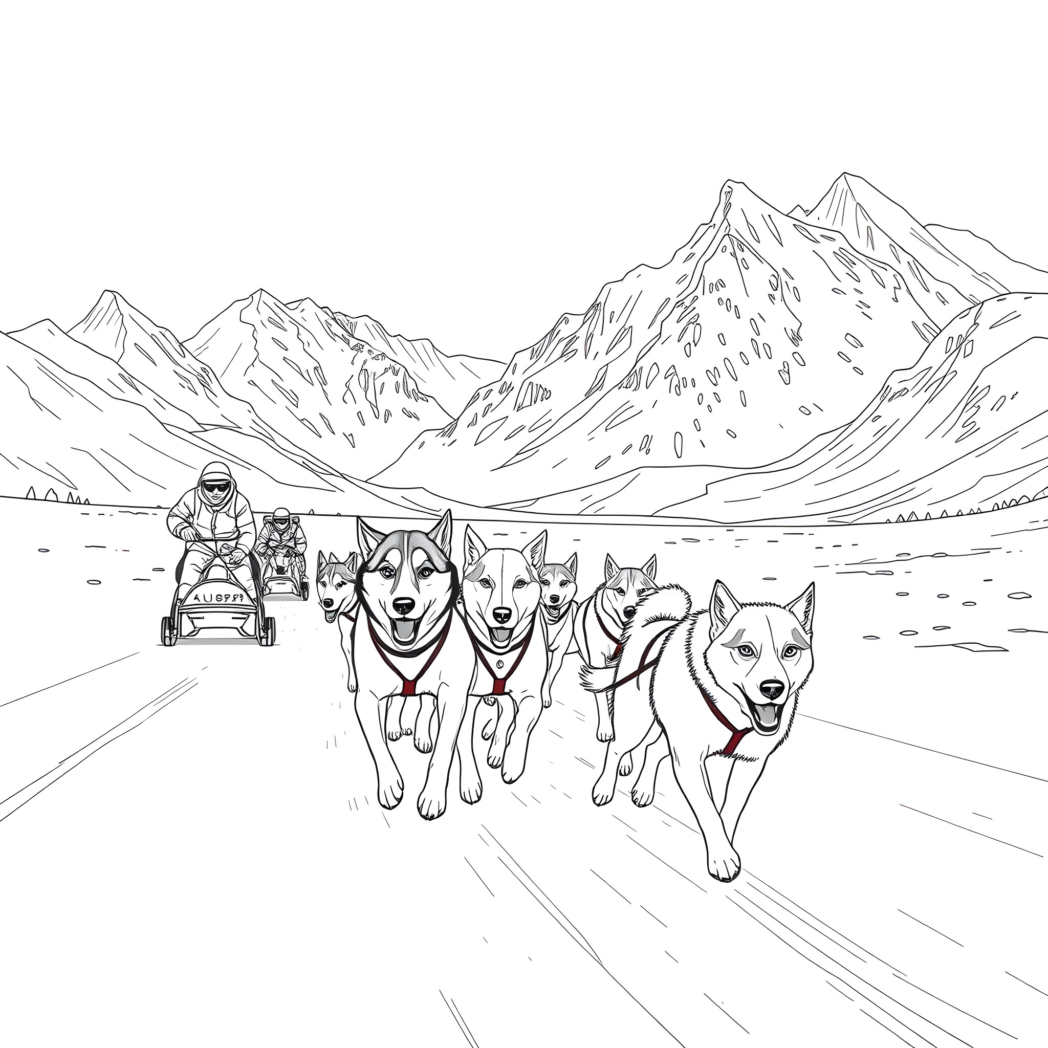 Dog sled team racing through snowy mountains Coloring Page (free black-and-white line drawing printable PDF for all, from beginners to advanced learners, including children, teens, adults, and seniors)