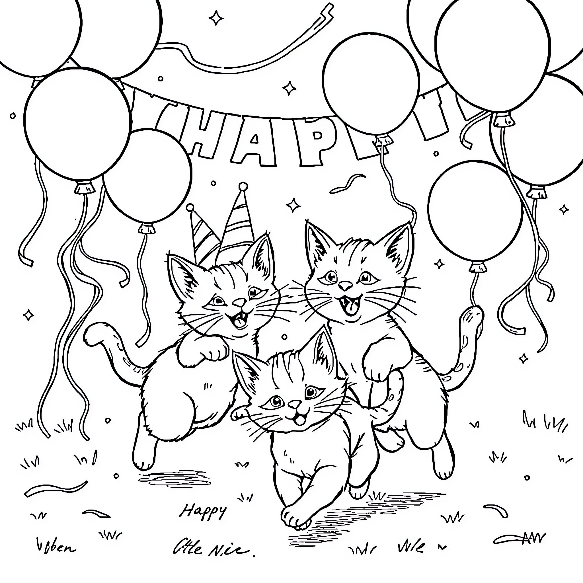 Cat Party with Balloons and Celebration Coloring Page (free black-and-white line drawing printable PDF for all, from beginners to advanced learners, including children, teens, adults, and seniors)