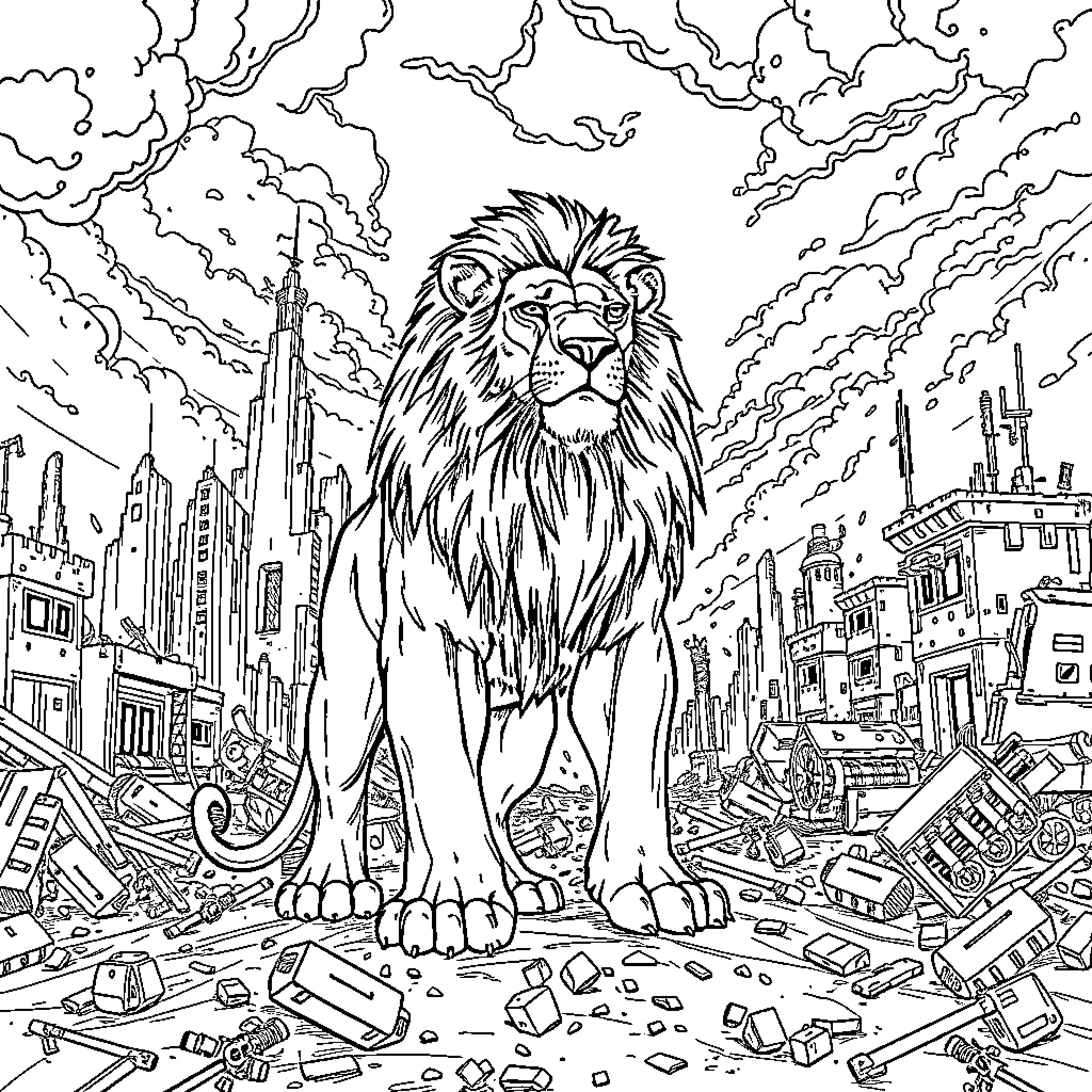 Lion ruling over a destroyed city Coloring Page (free black-and-white line drawing printable PDF for all, from beginners to advanced learners, including children, teens, adults, and seniors)