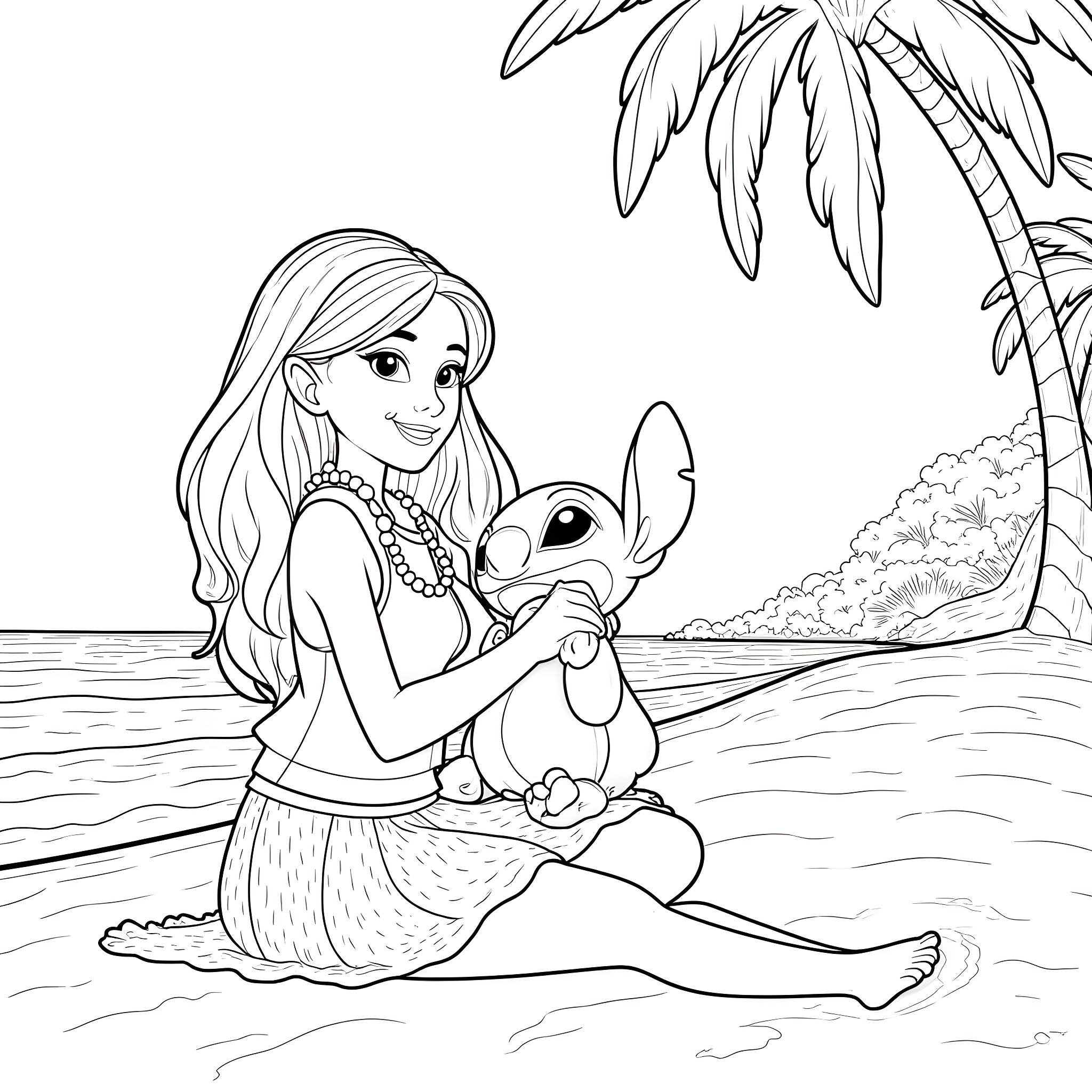 Lilo bonding with her lovable alien companion Coloring Page (free black-and-white line drawing printable PDF for all, from beginners to advanced learners, including children, teens, adults, and seniors)