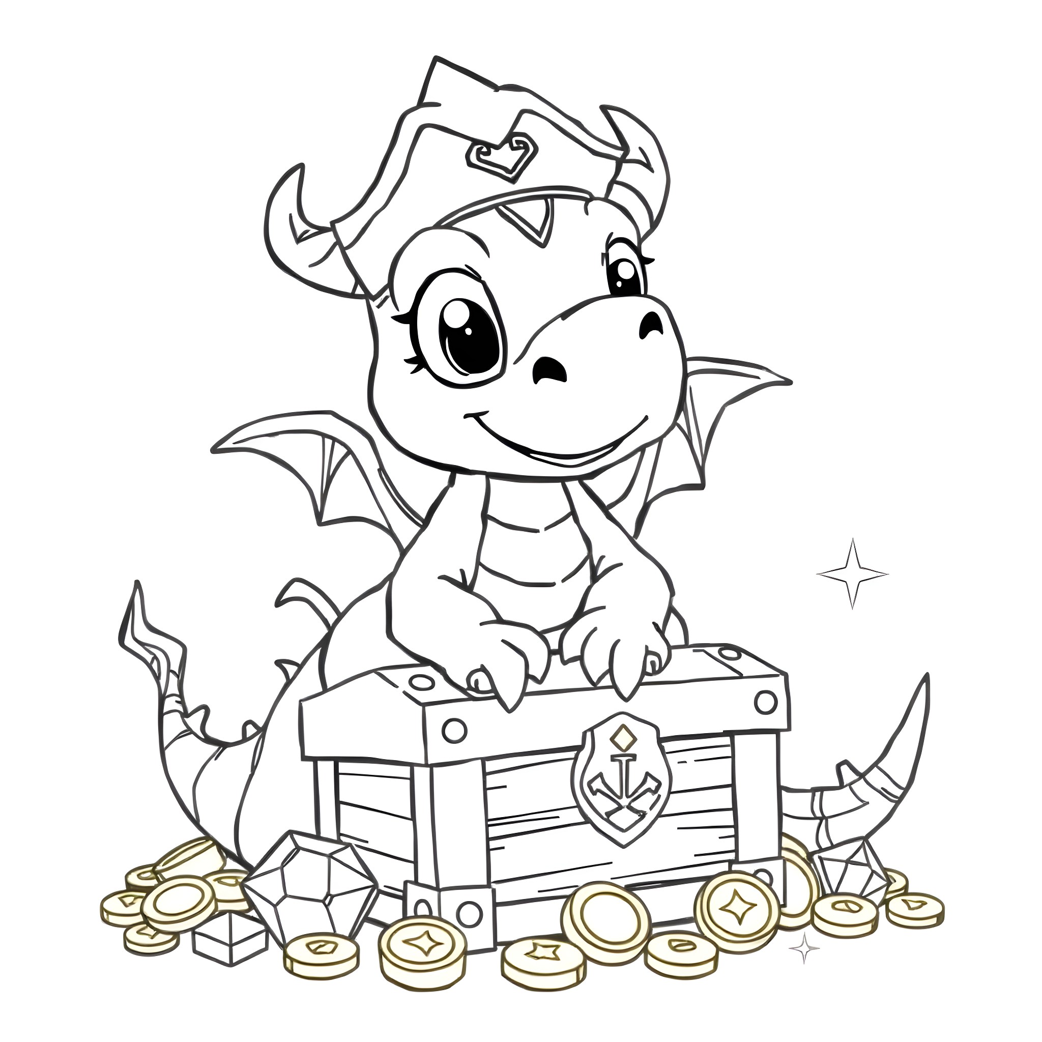 Pirate Dragon Guarding Treasure Chest Coloring Page (free black-and-white line drawing printable PDF for all, from beginners to advanced learners, including children, teens, adults, and seniors)