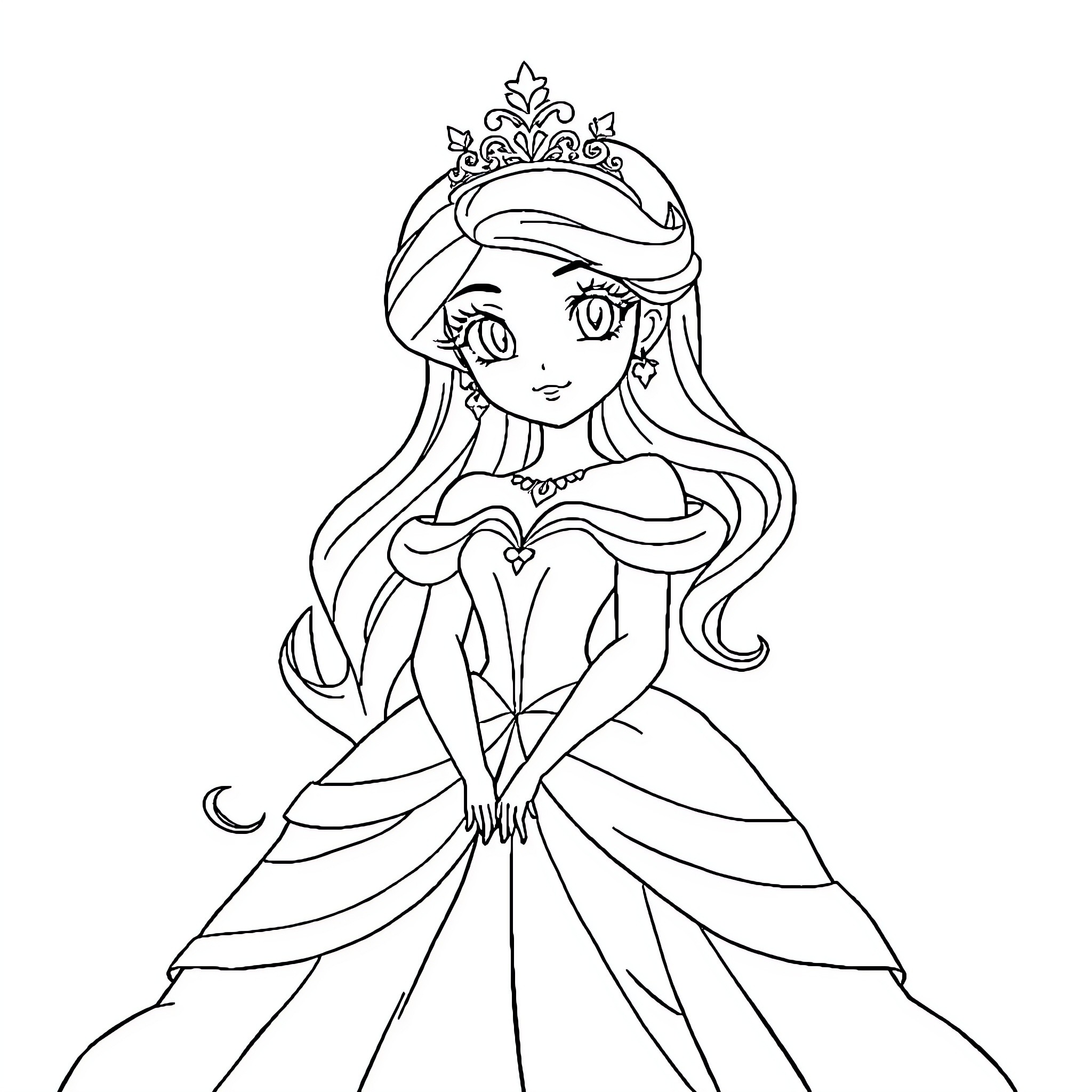 Princess in a beautiful ball gown Coloring Page (free black-and-white line drawing printable PDF for all, from beginners to advanced learners, including children, teens, adults, and seniors)