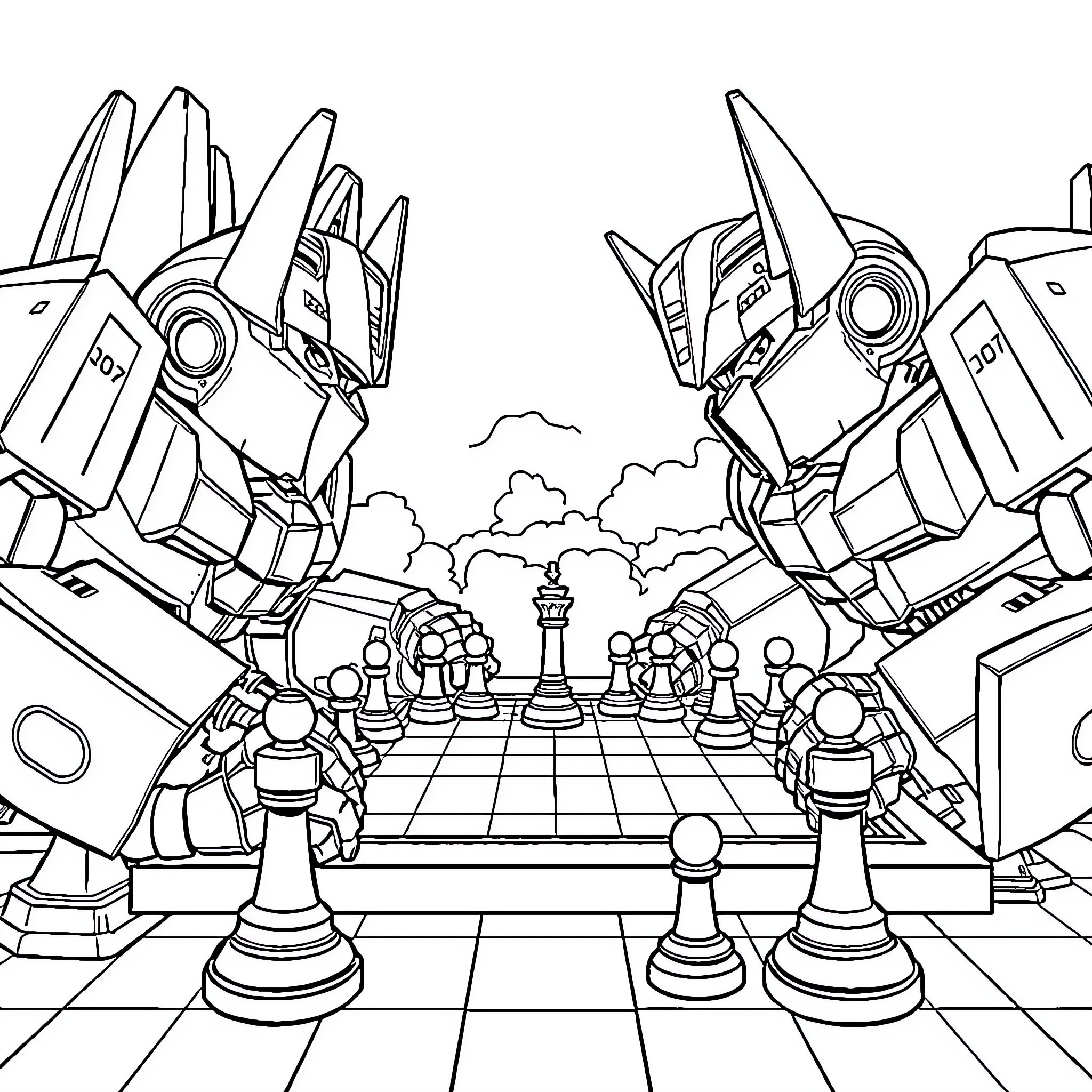 Transformer chess match in a futuristic setting Coloring Page (free black-and-white line drawing printable PDF for all, from beginners to advanced learners, including children, teens, adults, and seniors)