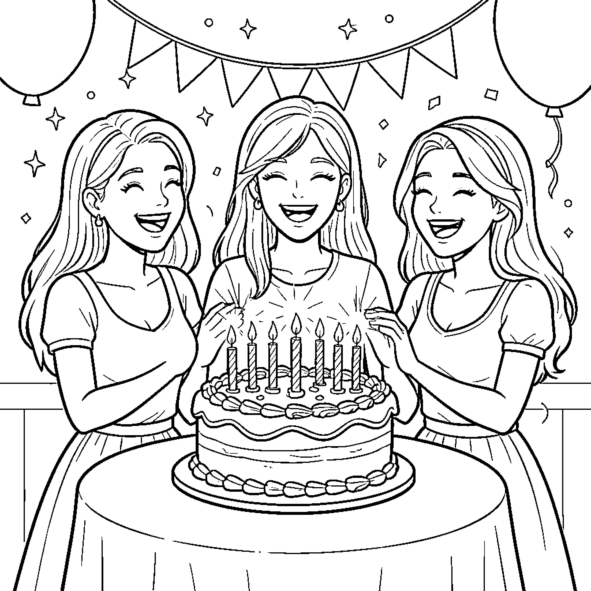 Friend Celebrating with Joyful Smiles and Cake Coloring Page (free black-and-white line drawing printable PDF for all, from beginners to advanced learners, including children, teens, adults, and seniors)