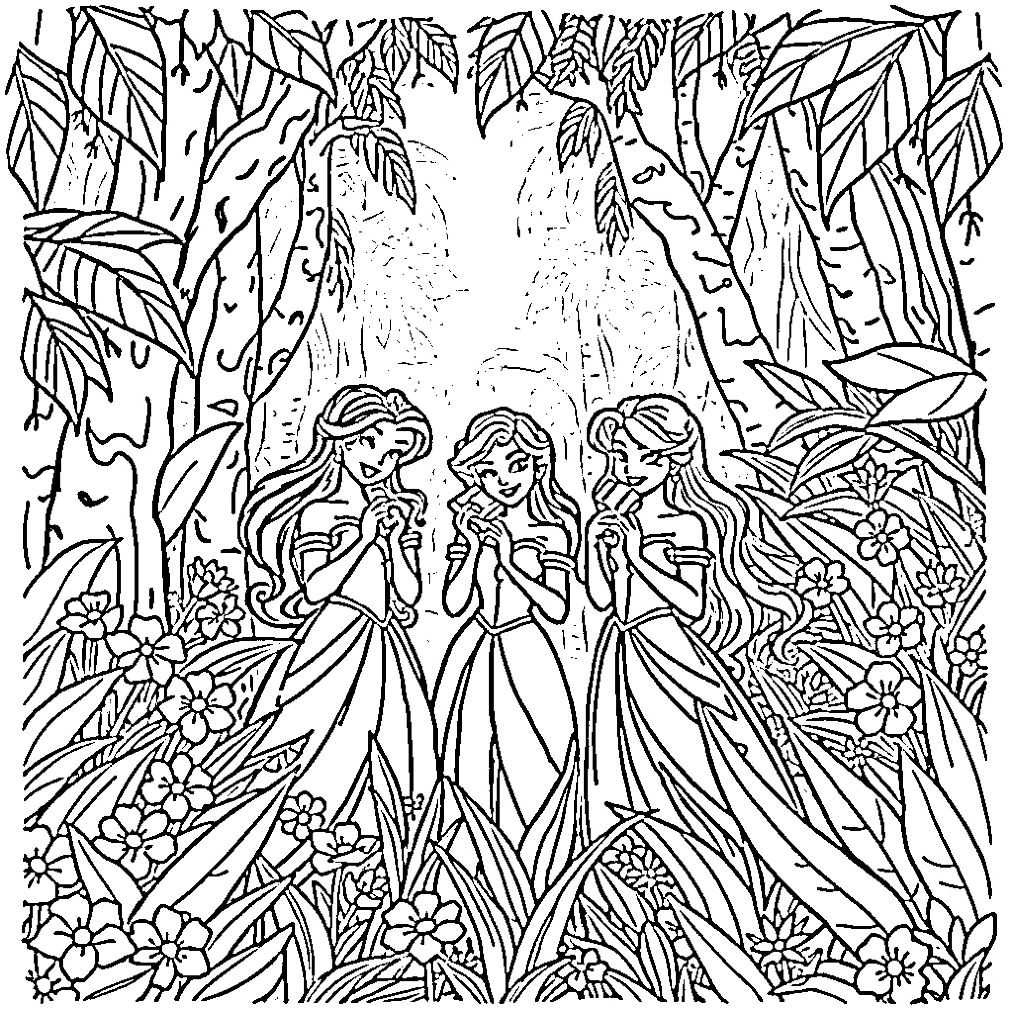 Princess and her friends in a magical forest Coloring Page (free black-and-white line drawing printable PDF for all, from beginners to advanced learners, including children, teens, adults, and seniors)