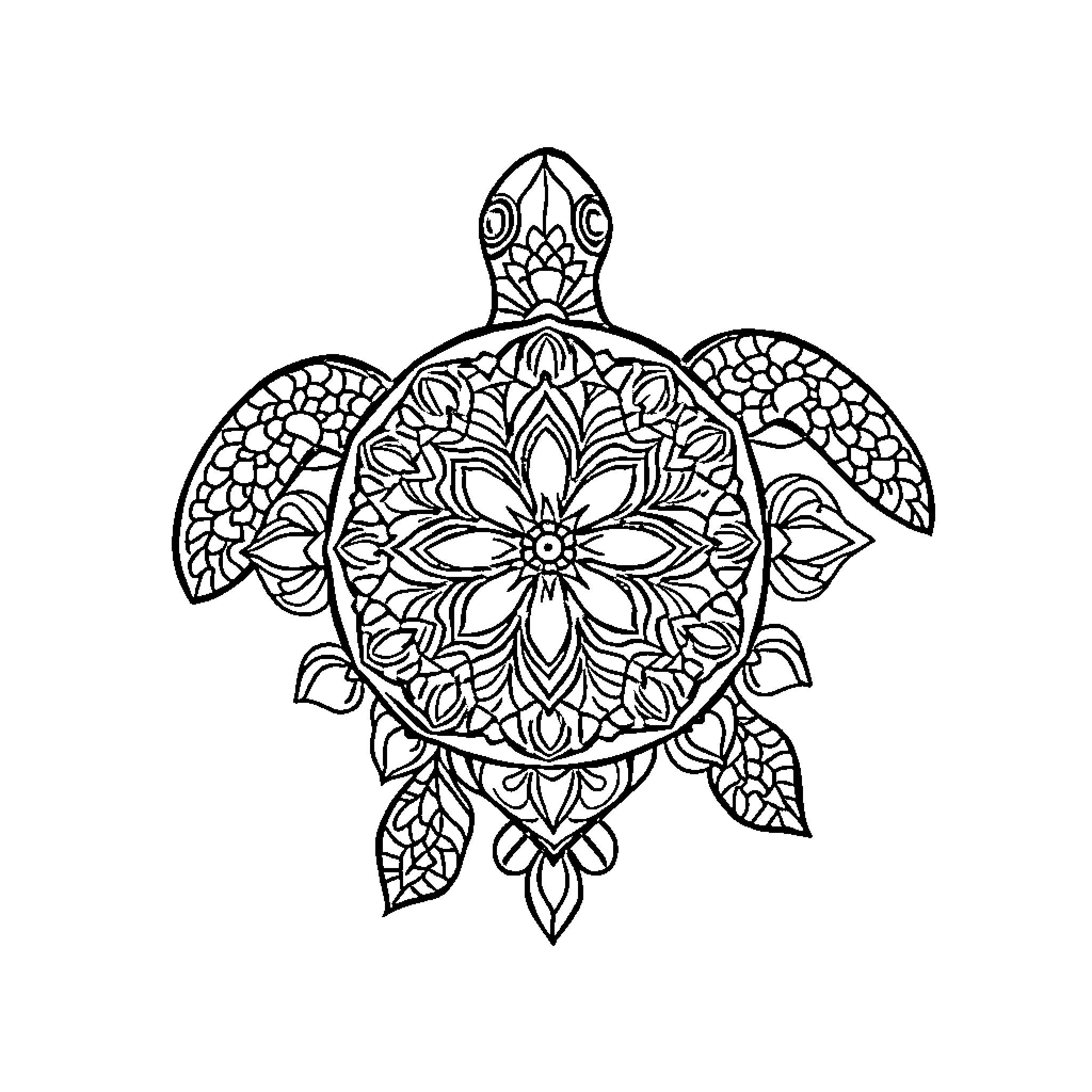 Turtle with intricate floral patterns Coloring Page (free black-and-white line drawing printable PDF for all, from beginners to advanced learners, including children, teens, adults, and seniors)