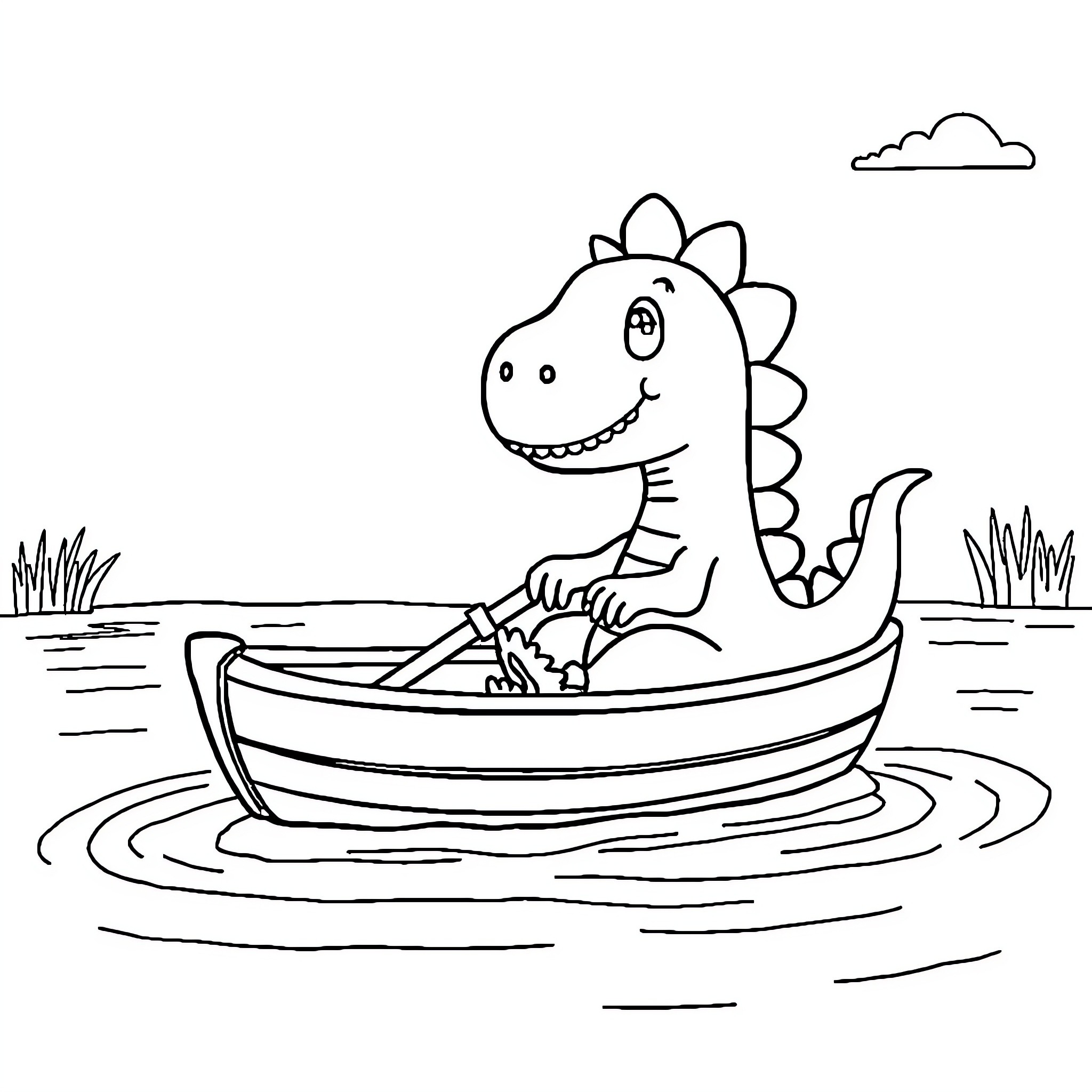 Dino paddling happily in a boat Coloring Page (free black-and-white line drawing printable PDF for all, from beginners to advanced learners, including children, teens, adults, and seniors)
