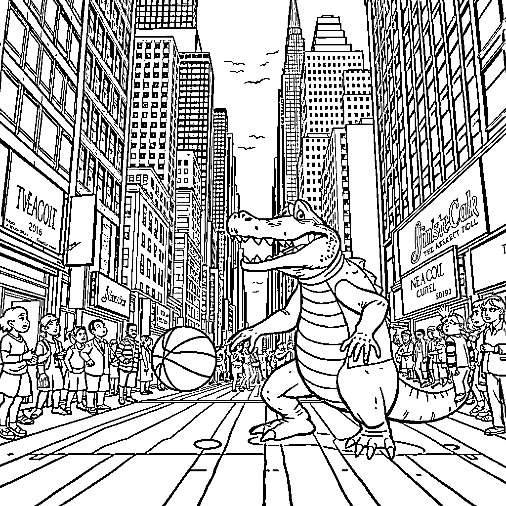 Alligator enjoying the bustling city life Coloring Page (free black-and-white line drawing printable PDF for all, from beginners to advanced learners, including children, teens, adults, and seniors)