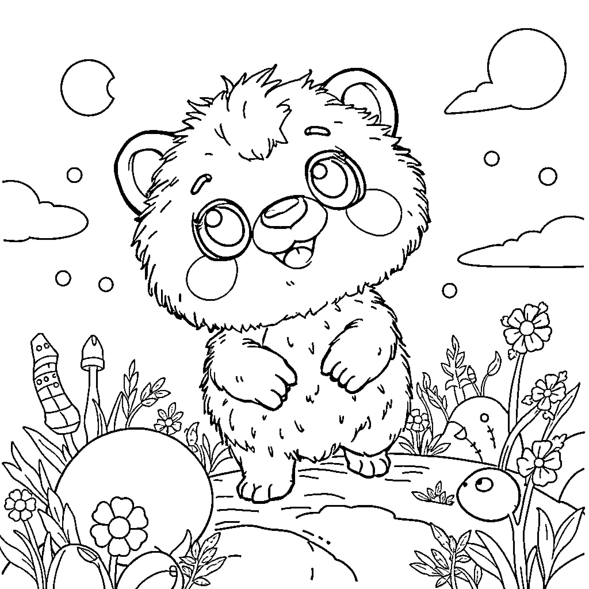 Labubu's Playful Day in the Flowery Meadow Coloring Page (free black-and-white line drawing printable PDF for all, from beginners to advanced learners, including children, teens, adults, and seniors)
