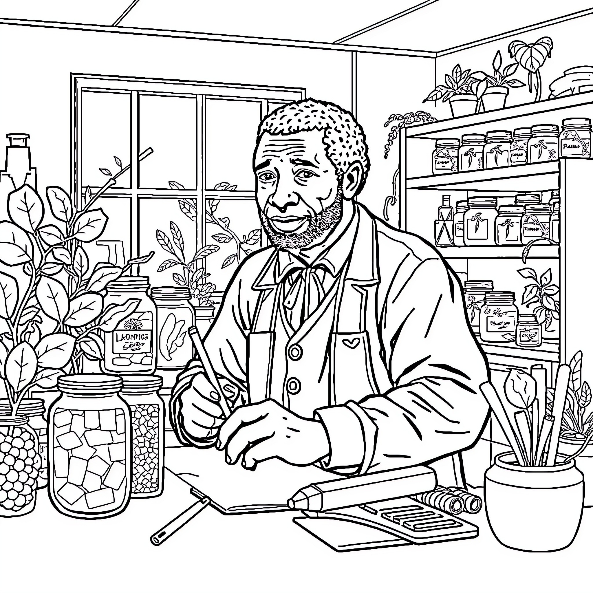 George Washington Carver working in his laboratory Coloring Page (free black-and-white line drawing printable PDF for all, from beginners to advanced learners, including children, teens, adults, and seniors)