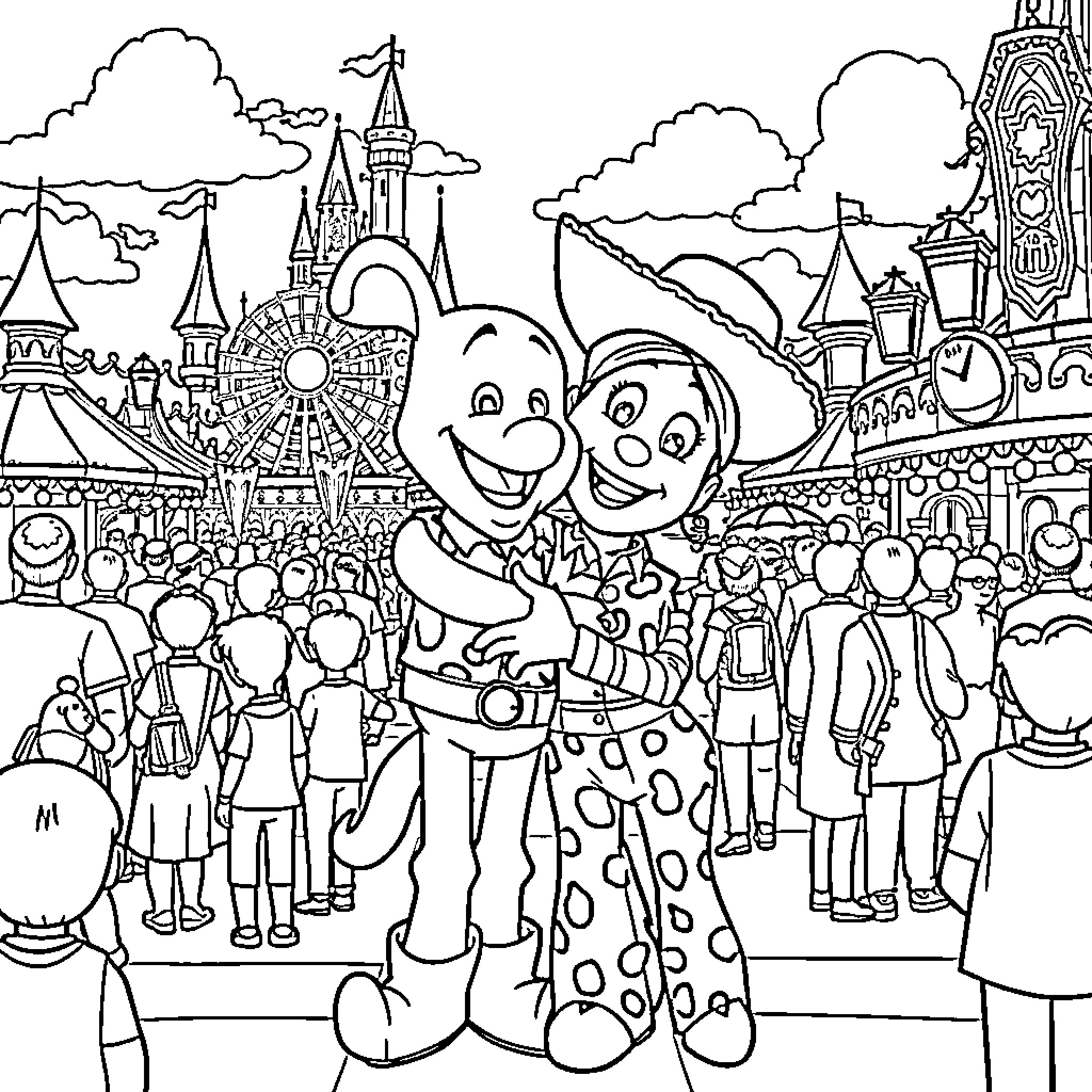 Bluey and Bingo's Exciting Adventure at the Theme Park Coloring Page (free black-and-white line drawing printable PDF for all, from beginners to advanced learners, including children, teens, adults, and seniors)