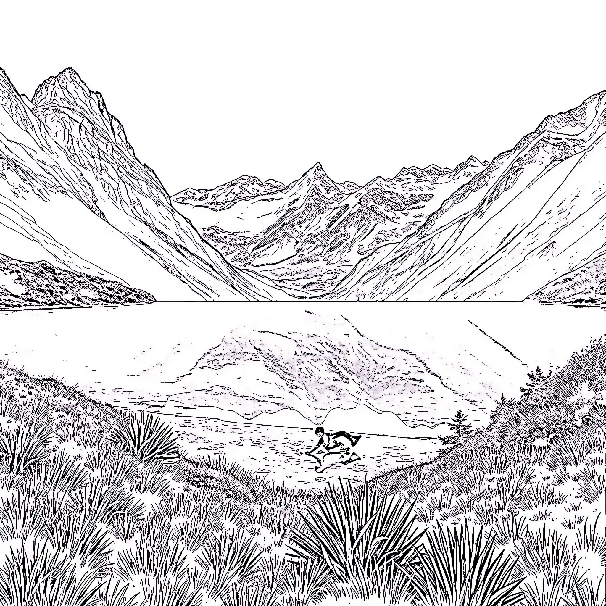 Lake surrounded by majestic mountain peaks Coloring Page (free black-and-white line drawing printable PDF for all, from beginners to advanced learners, including children, teens, adults, and seniors)