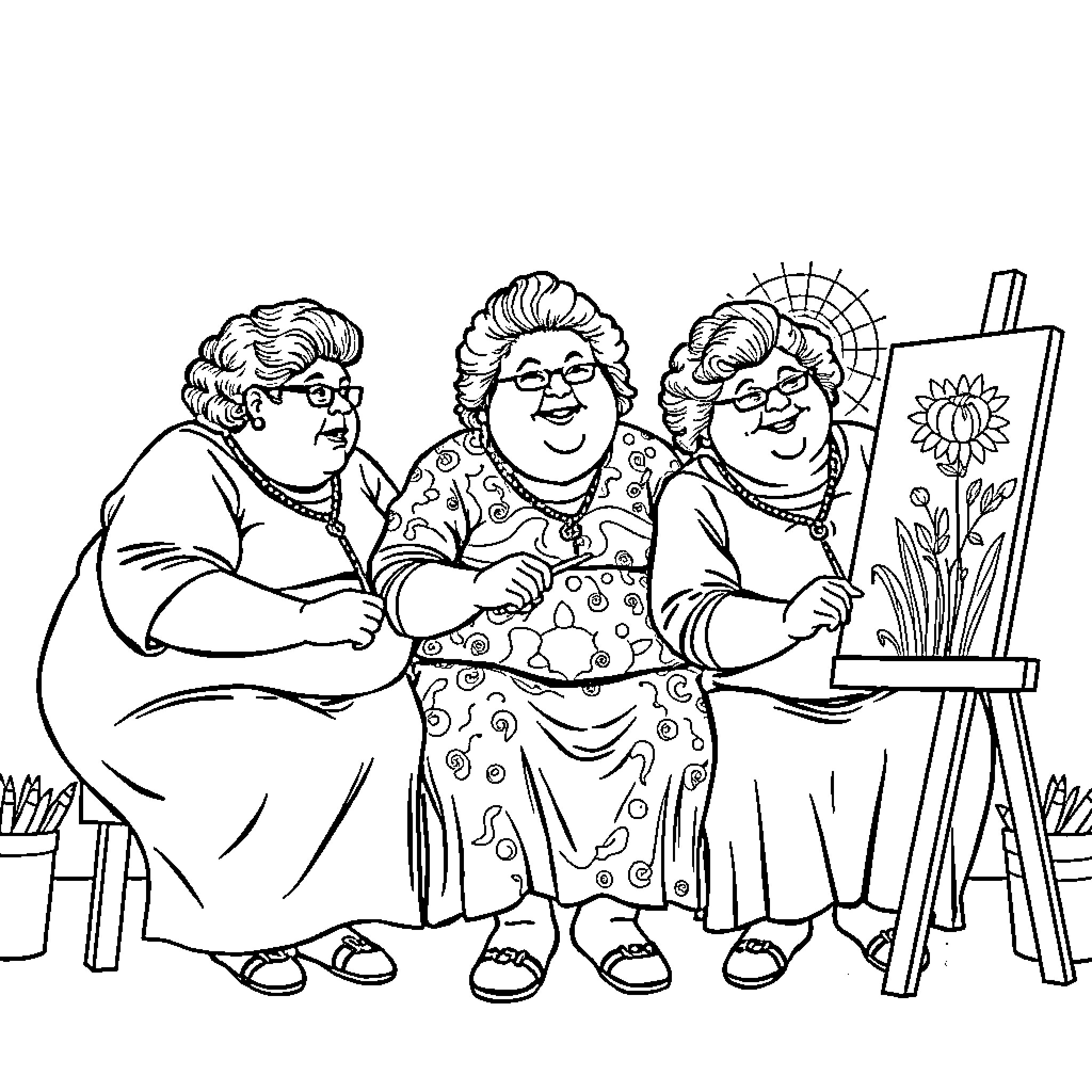 Lady artists painting together happily Coloring Page (free black-and-white line drawing printable PDF for all, from beginners to advanced learners, including children, teens, adults, and seniors)